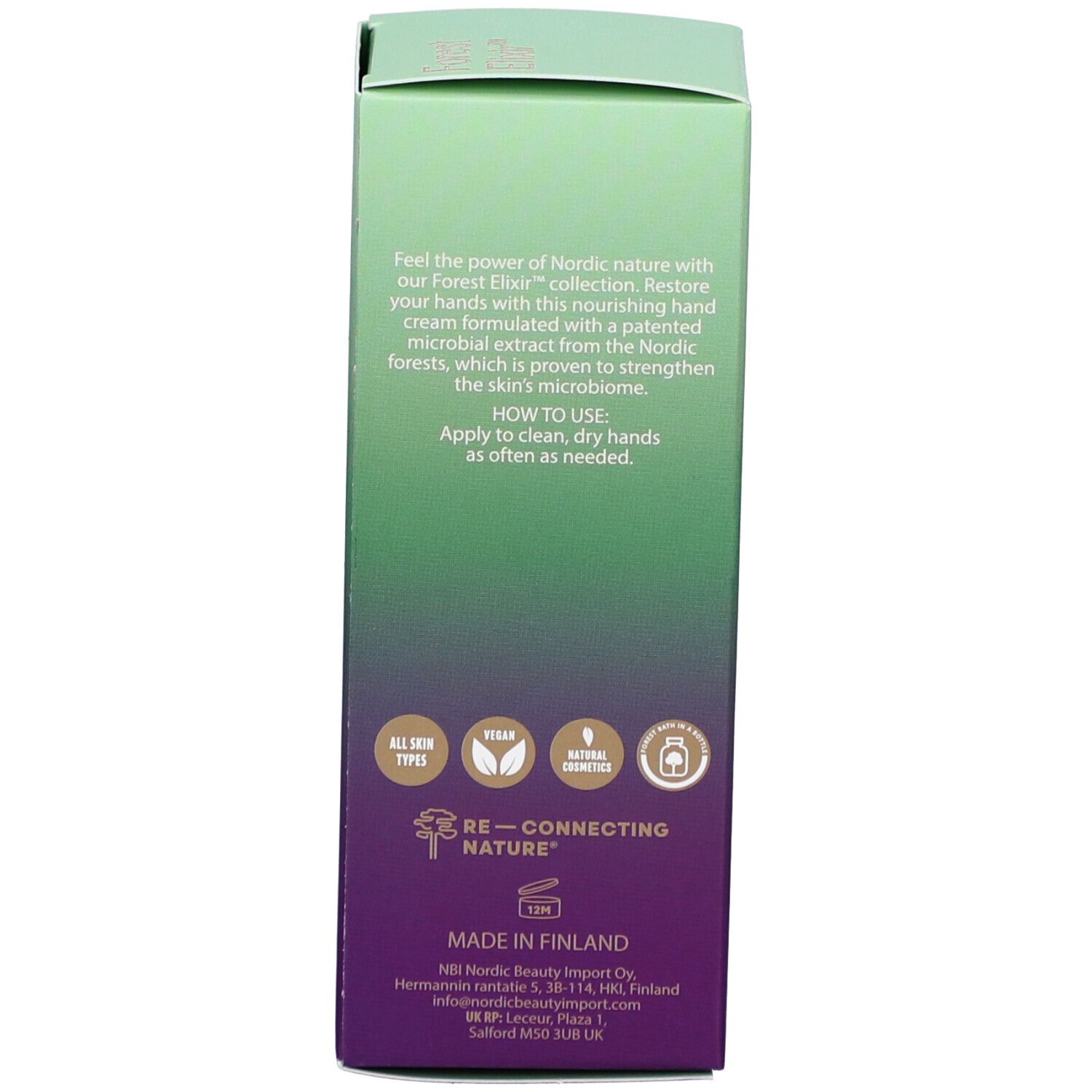 Côté de la boîte de crème pour les mains NOBE avec texte et logos.