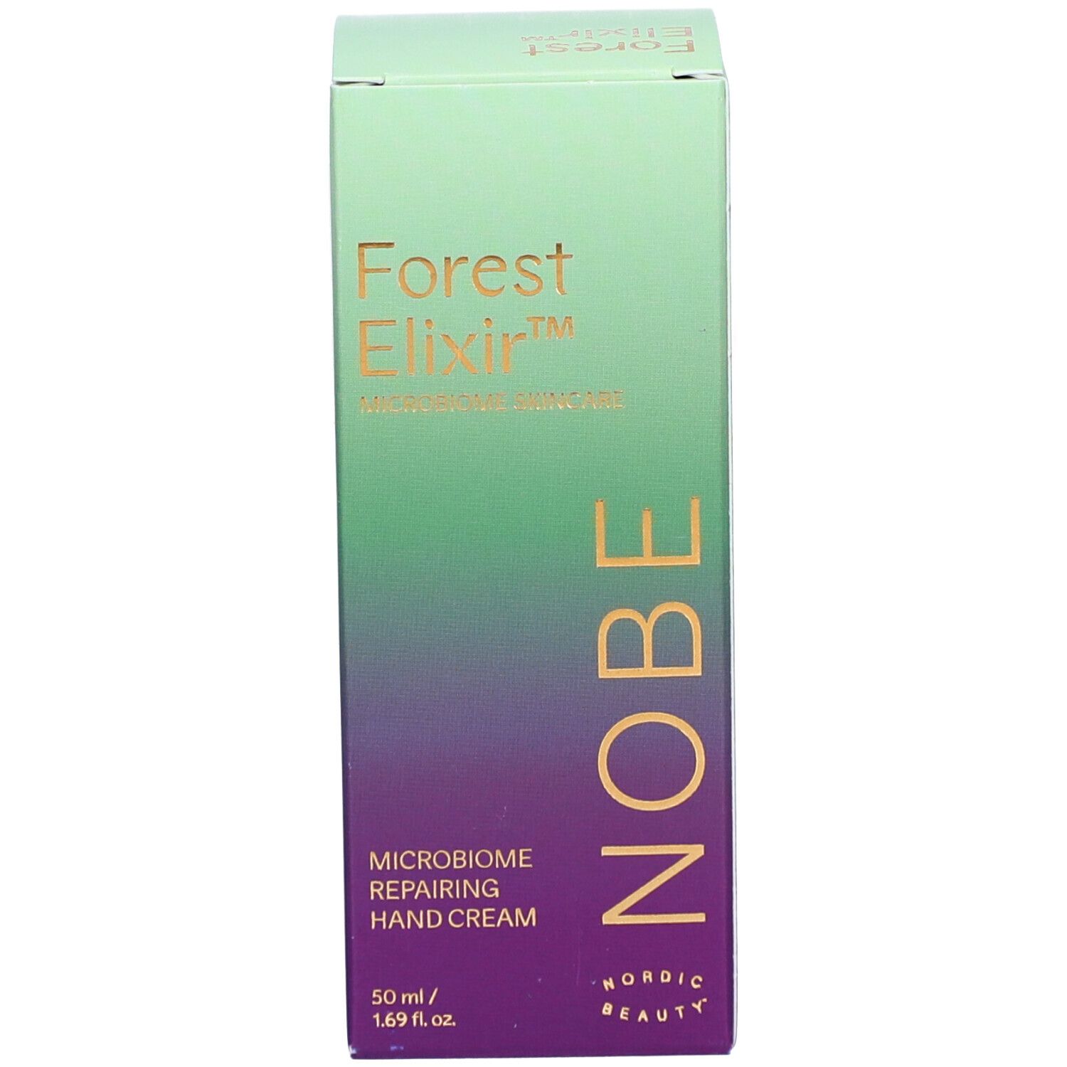 Arrière de la boîte de crème pour les mains NOBE avec ingrédients et logos.