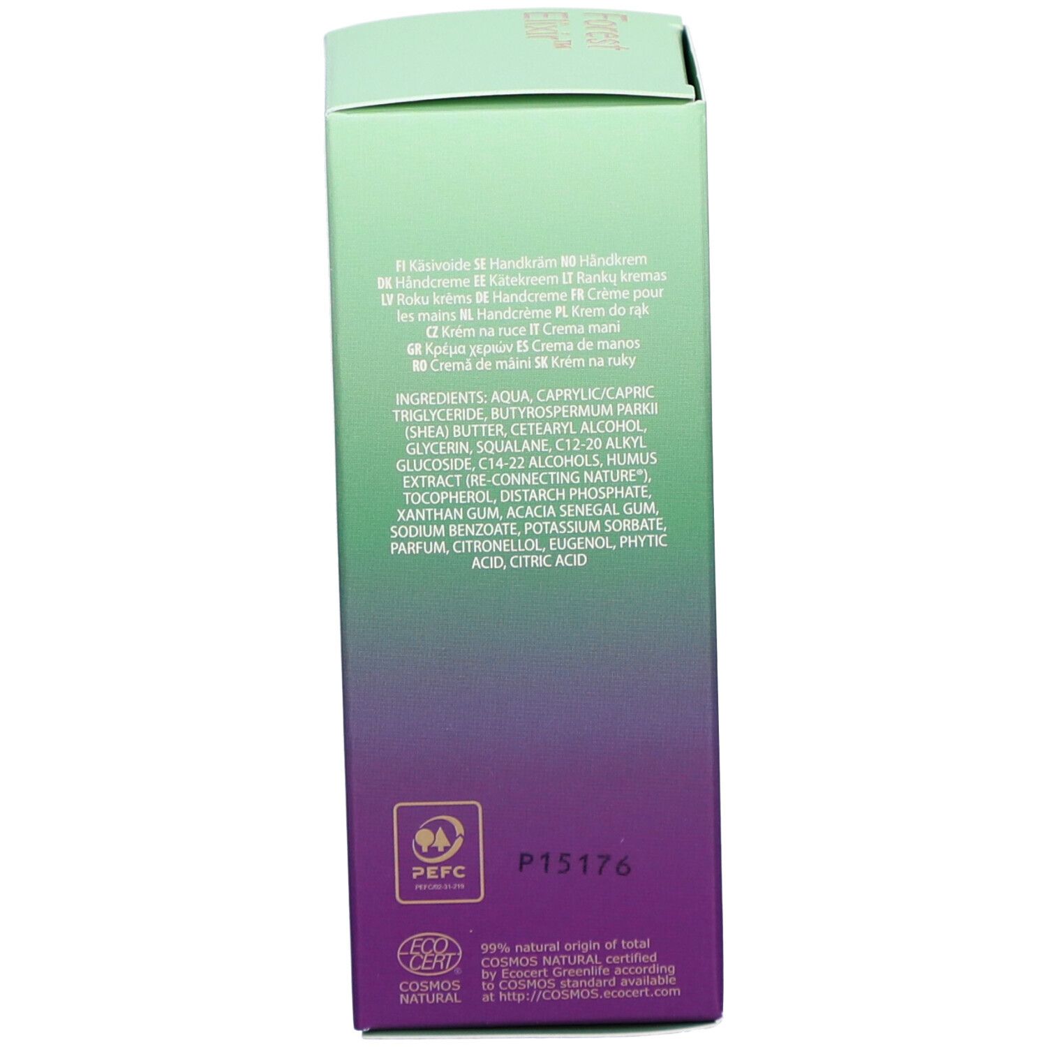 Vue détaillée de la boîte de crème pour les mains NOBE avec logos et texte.