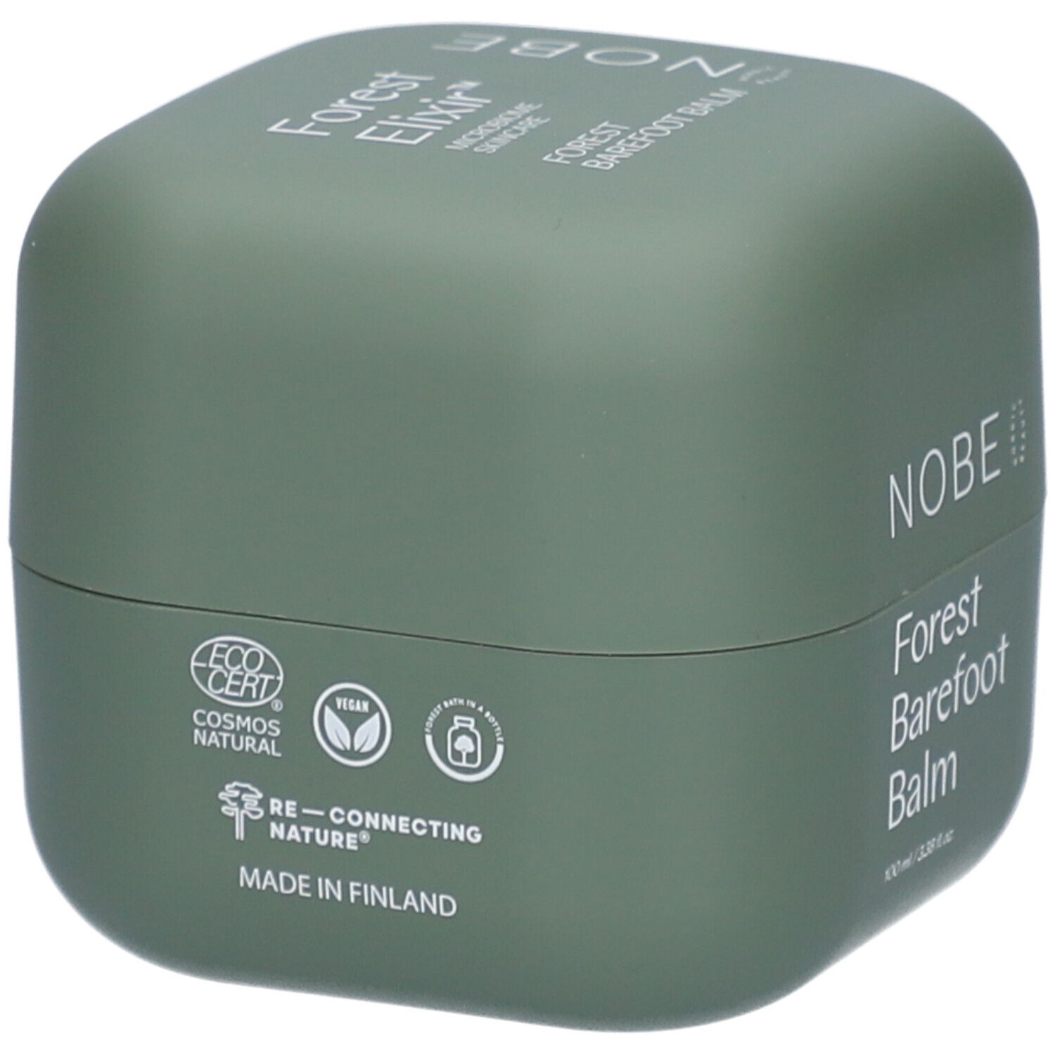Groene pot met zegels: ECO CERT COSMOS NATURAL, Vegan, Made in Finland.