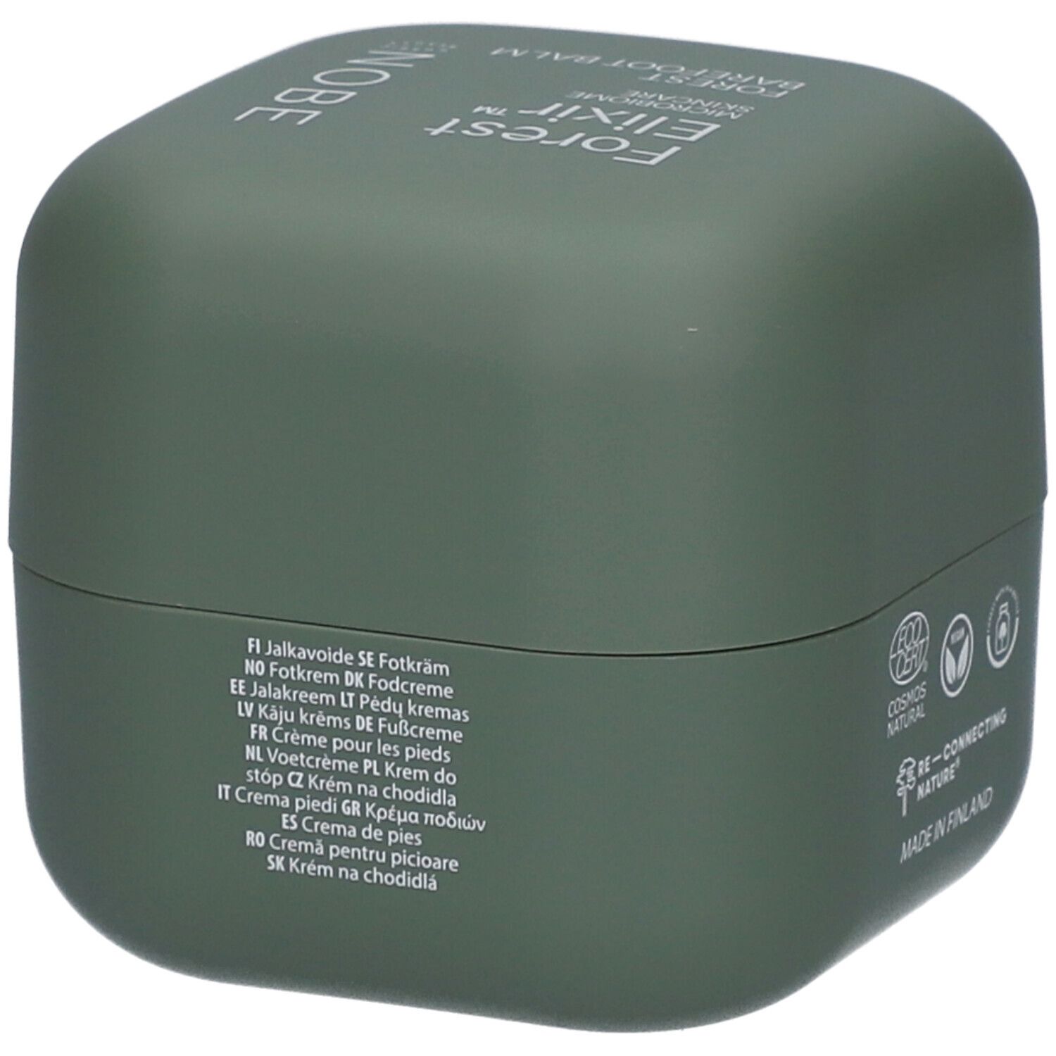 Achterkant van de groene pot met meertalige productnamen en zegels.