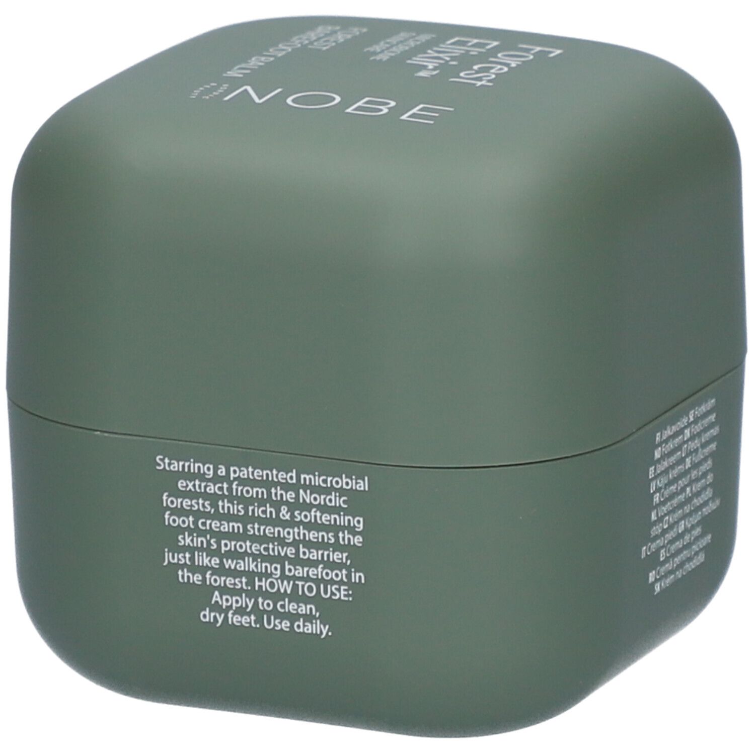 Groene pot met Engelse productbeschrijving en gebruiksinstructies.