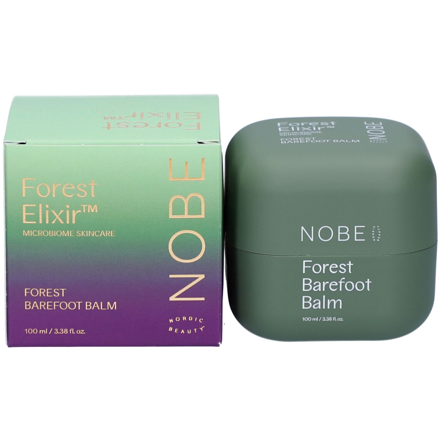 NOBE Forest Elixir pot naast bijpassende groene en paarse doos.