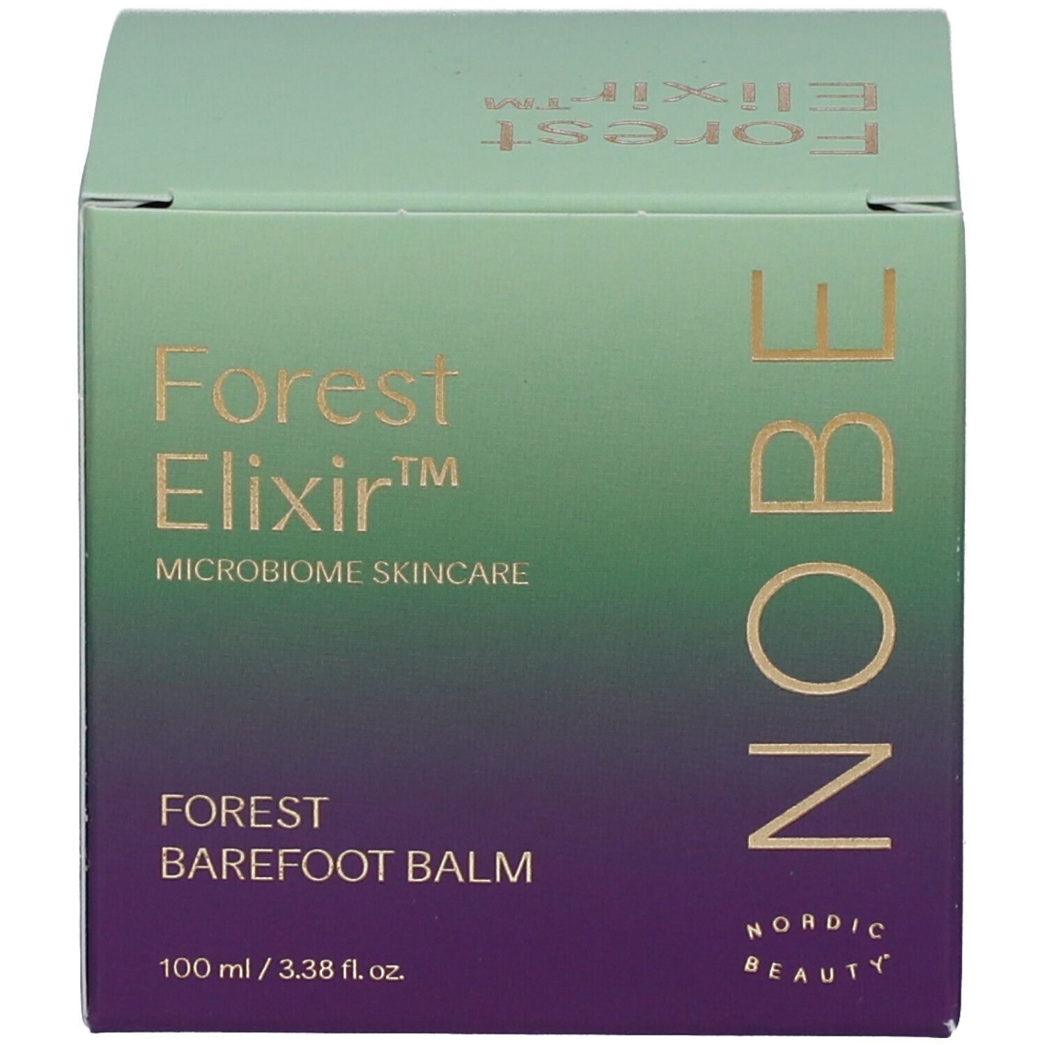 Groene en paarse NOBE Forest Elixir doos met productinformatie.