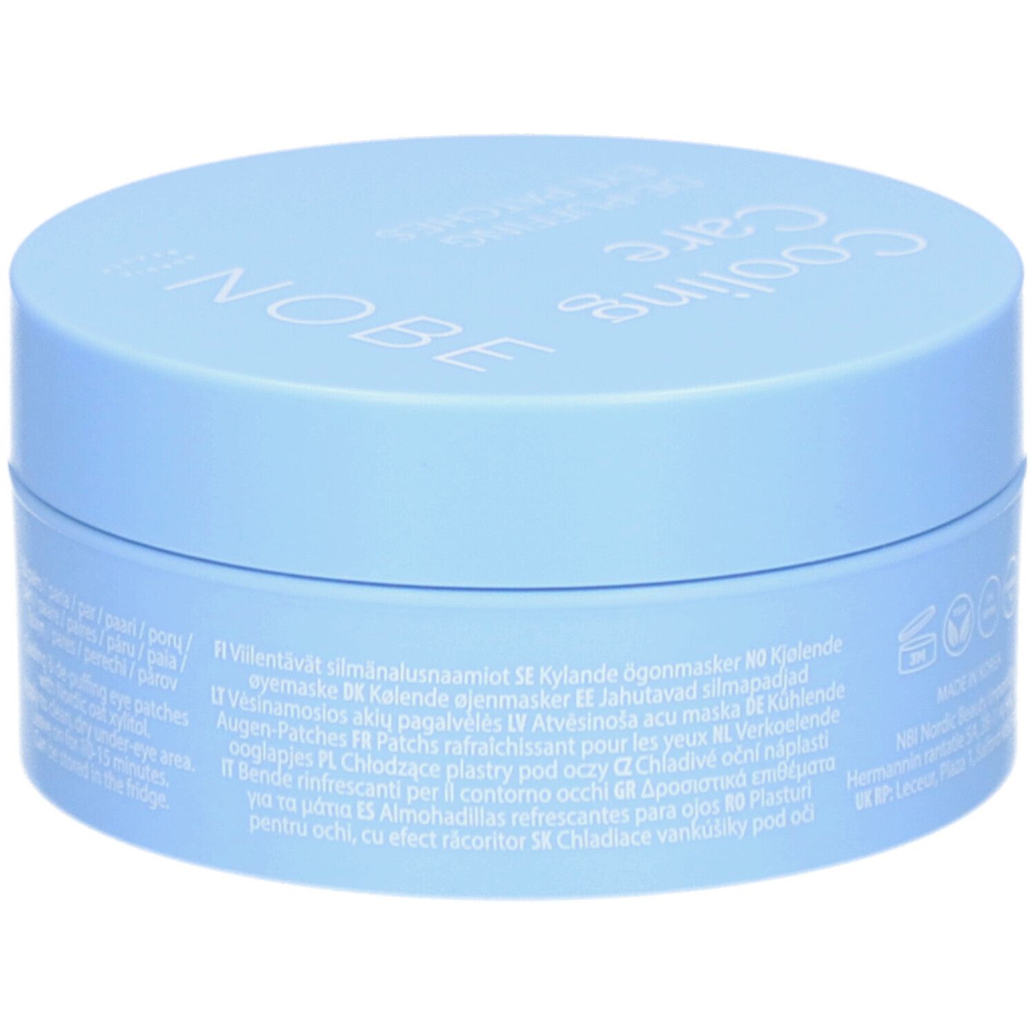Côté de la boîte bleue avec informations produit multilingues.