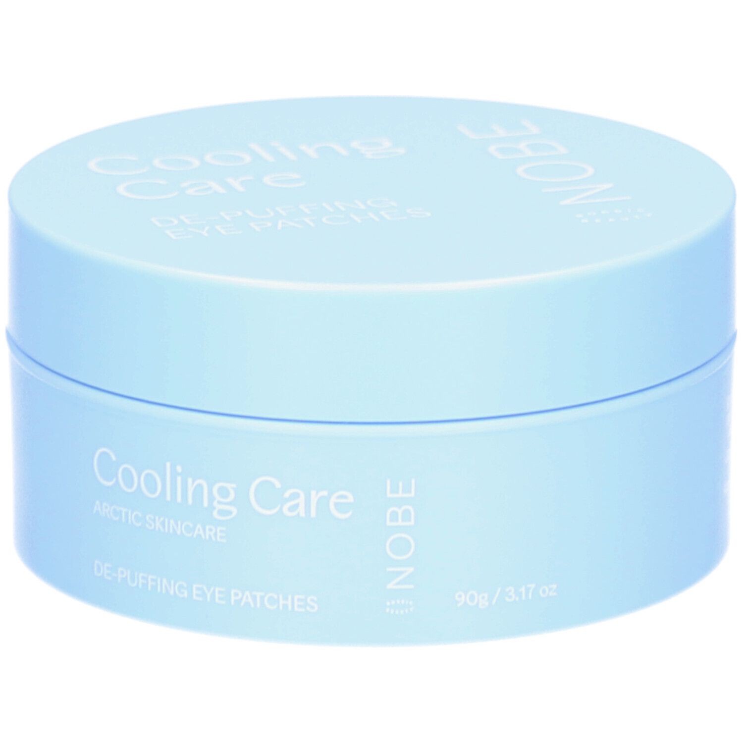 Boîte bleu ciel avec inscription "Cooling Care DE-PUFFING EYE PATCHES" et poids.
