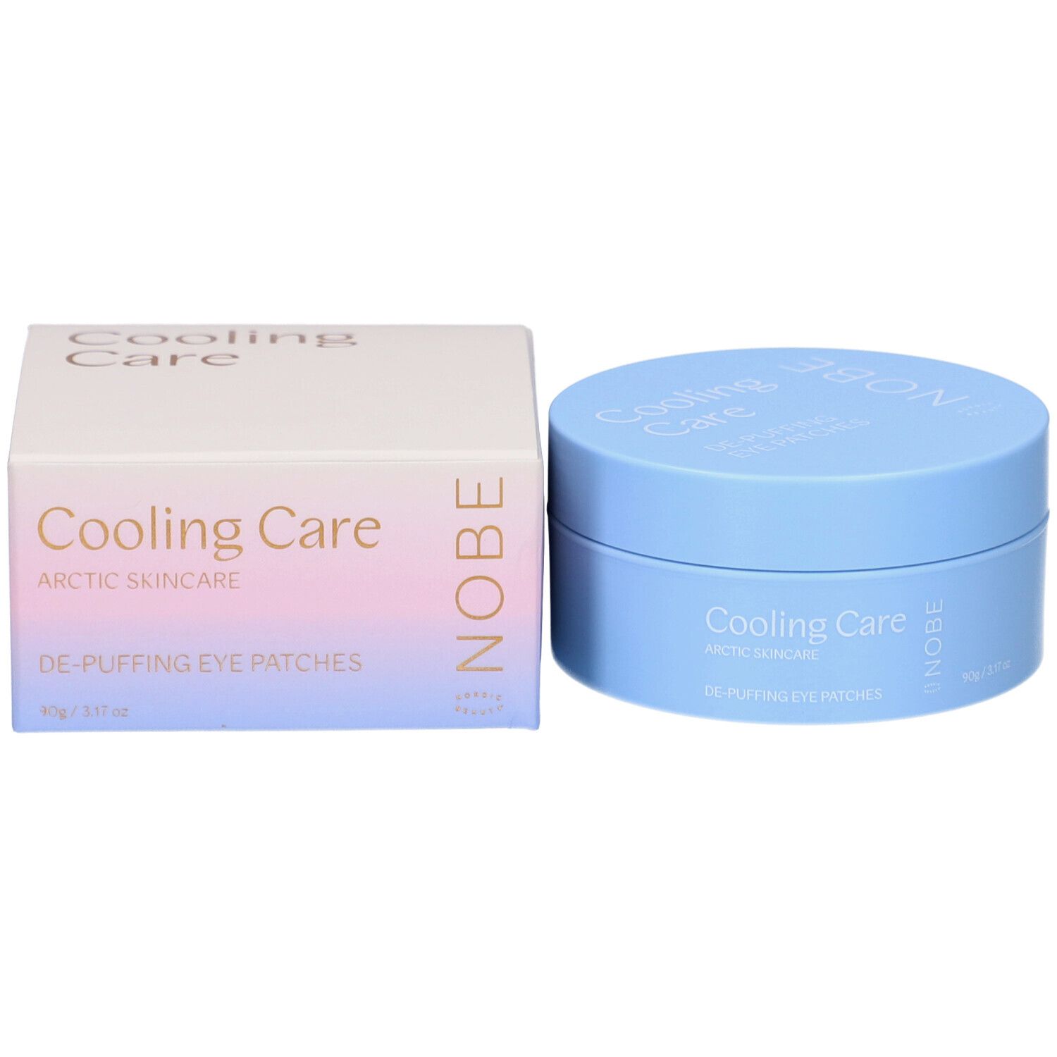 Emballage avec boîte bleue et boîte en carton blanche pour patchs oculaires.