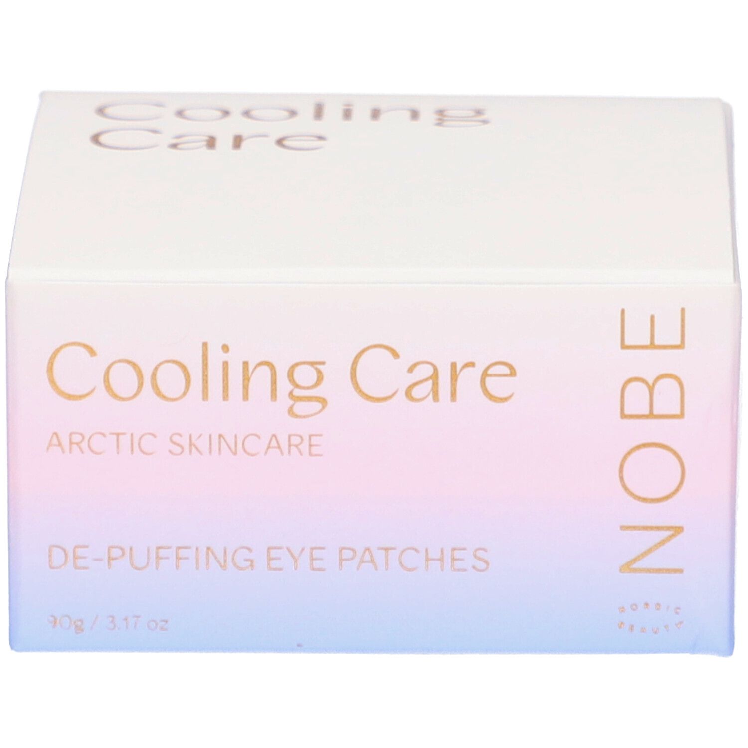 Boîte en carton blanche avec inscription "Cooling Care DE-PUFFING EYE PATCHES".