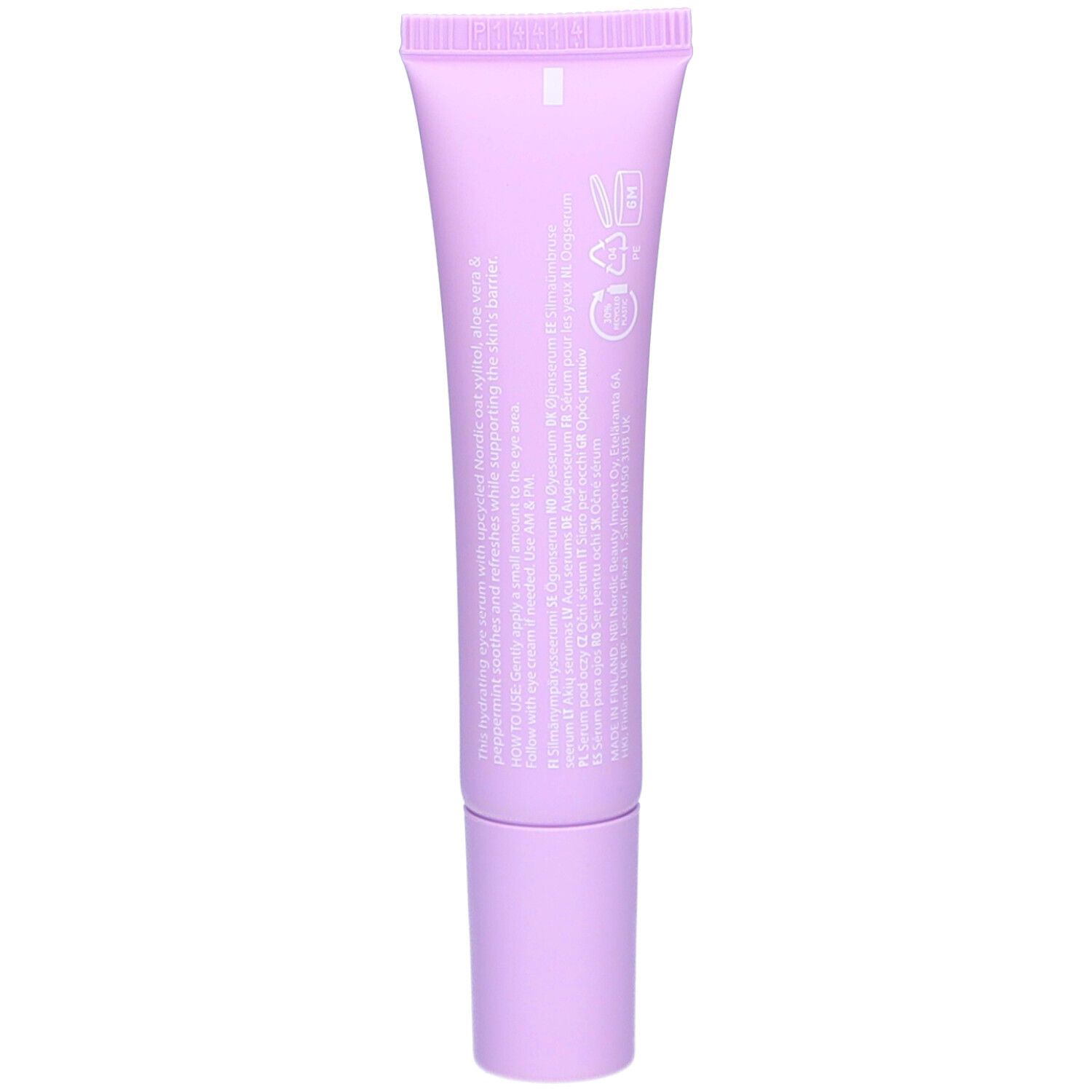 Dos de la crème contour des yeux réveil Cooling Care NOBE avec instructions et symboles.