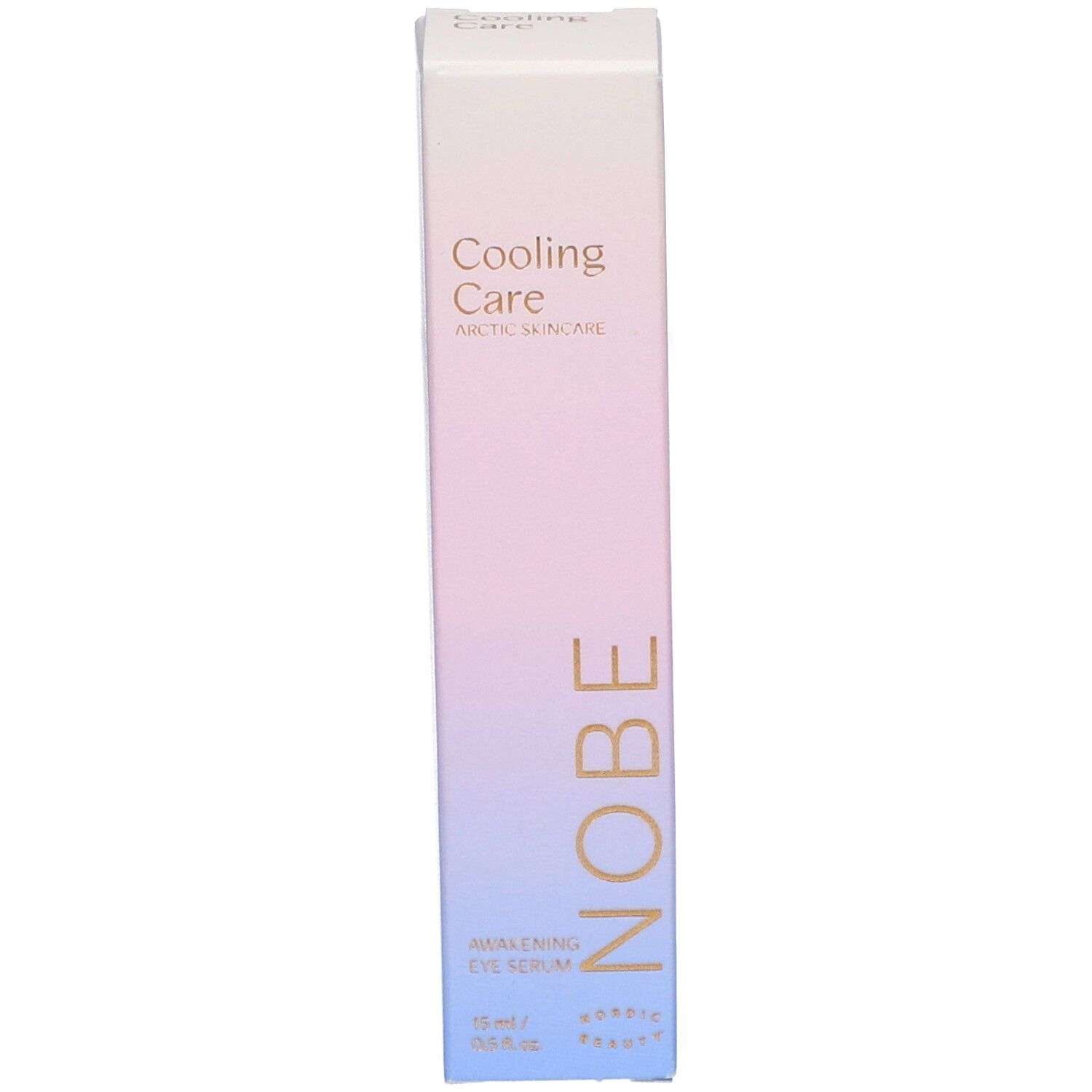 Boîte d'emballage du sérum contour des yeux réveil Cooling Care NOBE avec dégradé.