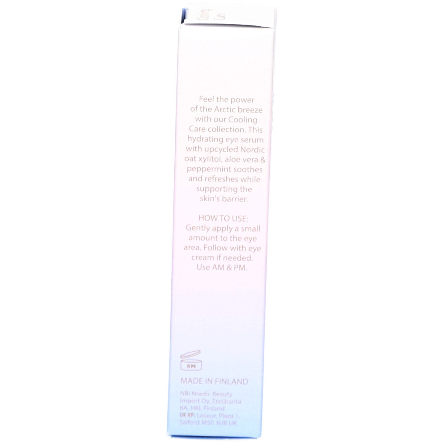 Côté de la boîte du sérum contour des yeux réveil Cooling Care NOBE avec description.