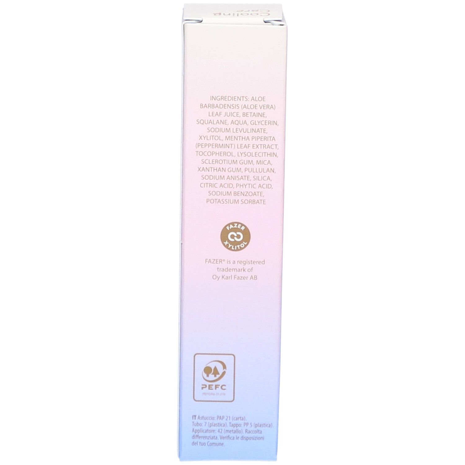 Côté de la boîte du sérum contour des yeux réveil Cooling Care NOBE avec ingrédients et certifications.