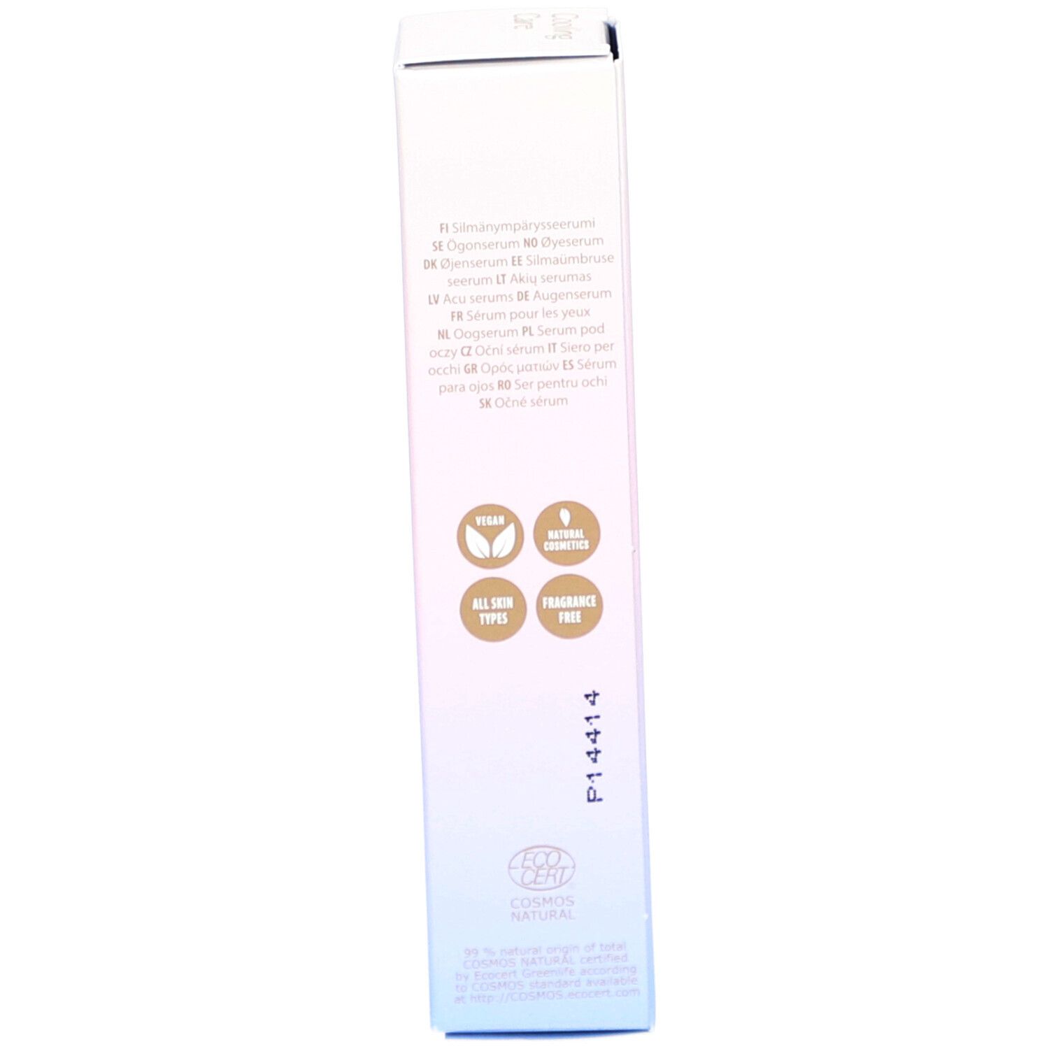 Côté de la boîte du sérum contour des yeux réveil Cooling Care NOBE avec sceaux Vegan et Natural.