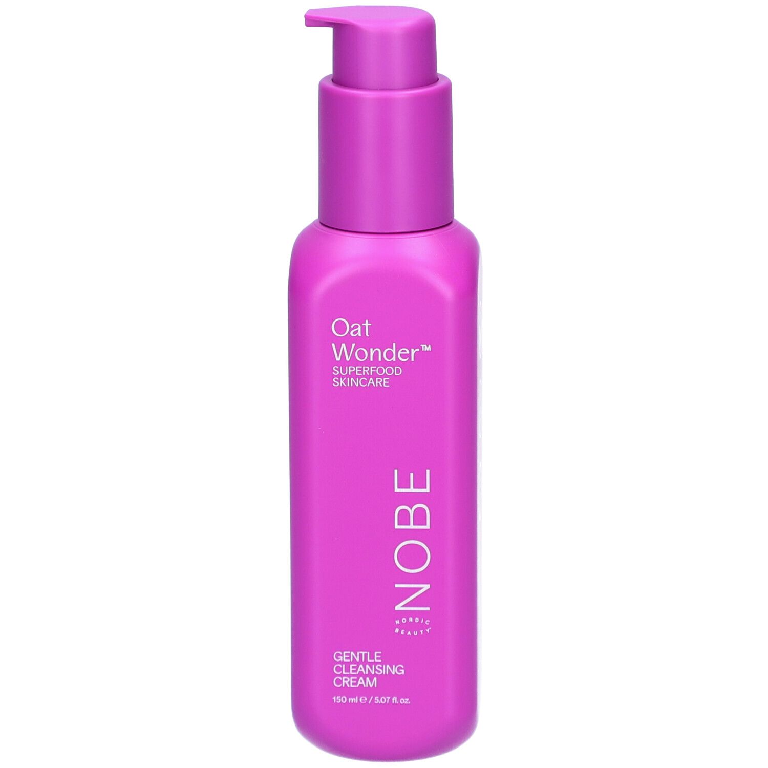 Flacon violet avec pompe, inscription 'Oat Wonder', 'NOBE', 'Gentle Cleansing Cream'.