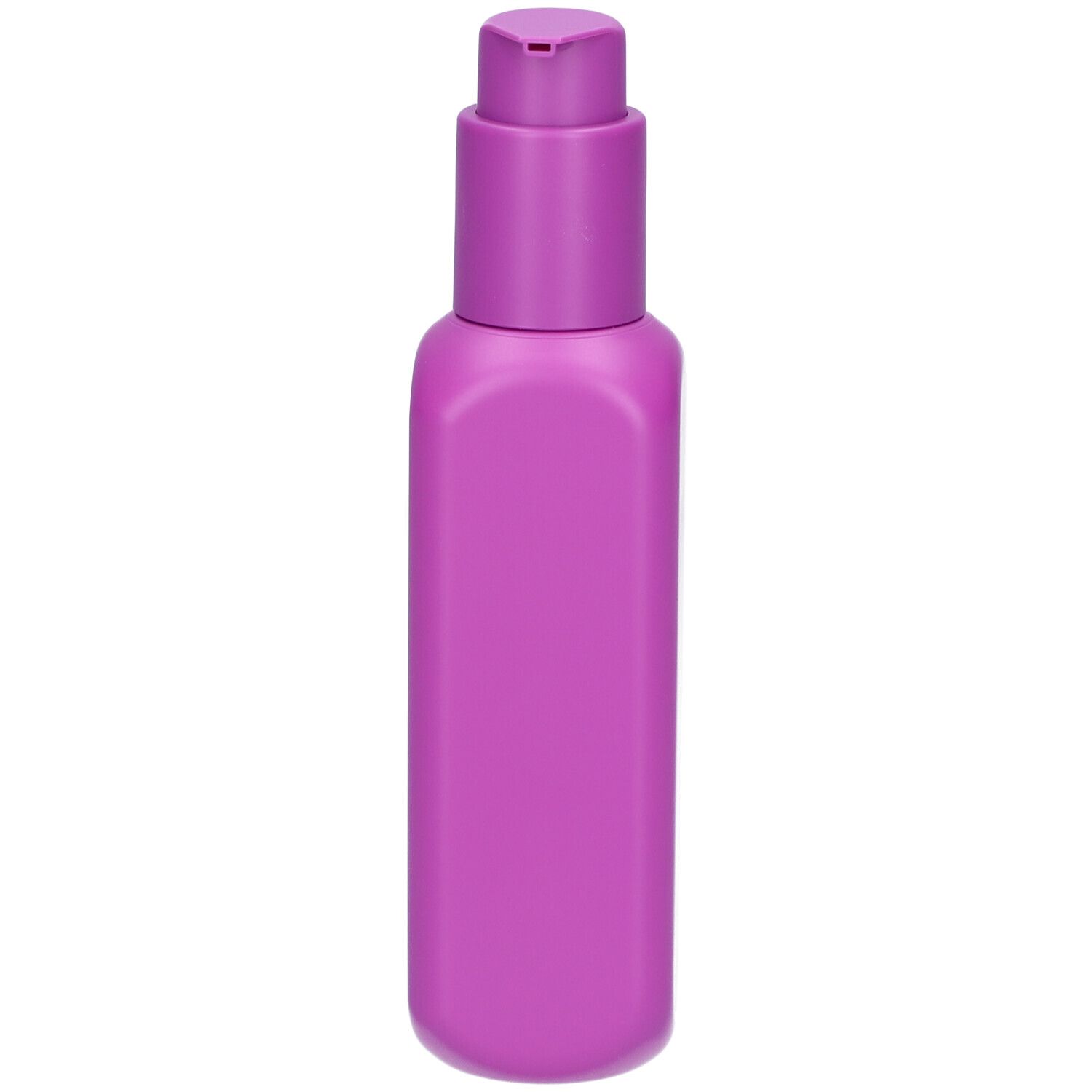 Flacon violet avec pompe, sans inscription visible.