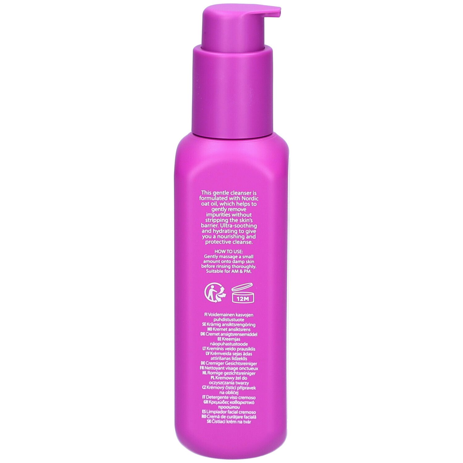 Arrière d'un flacon violet avec pompe, montrant instructions et ingrédients.