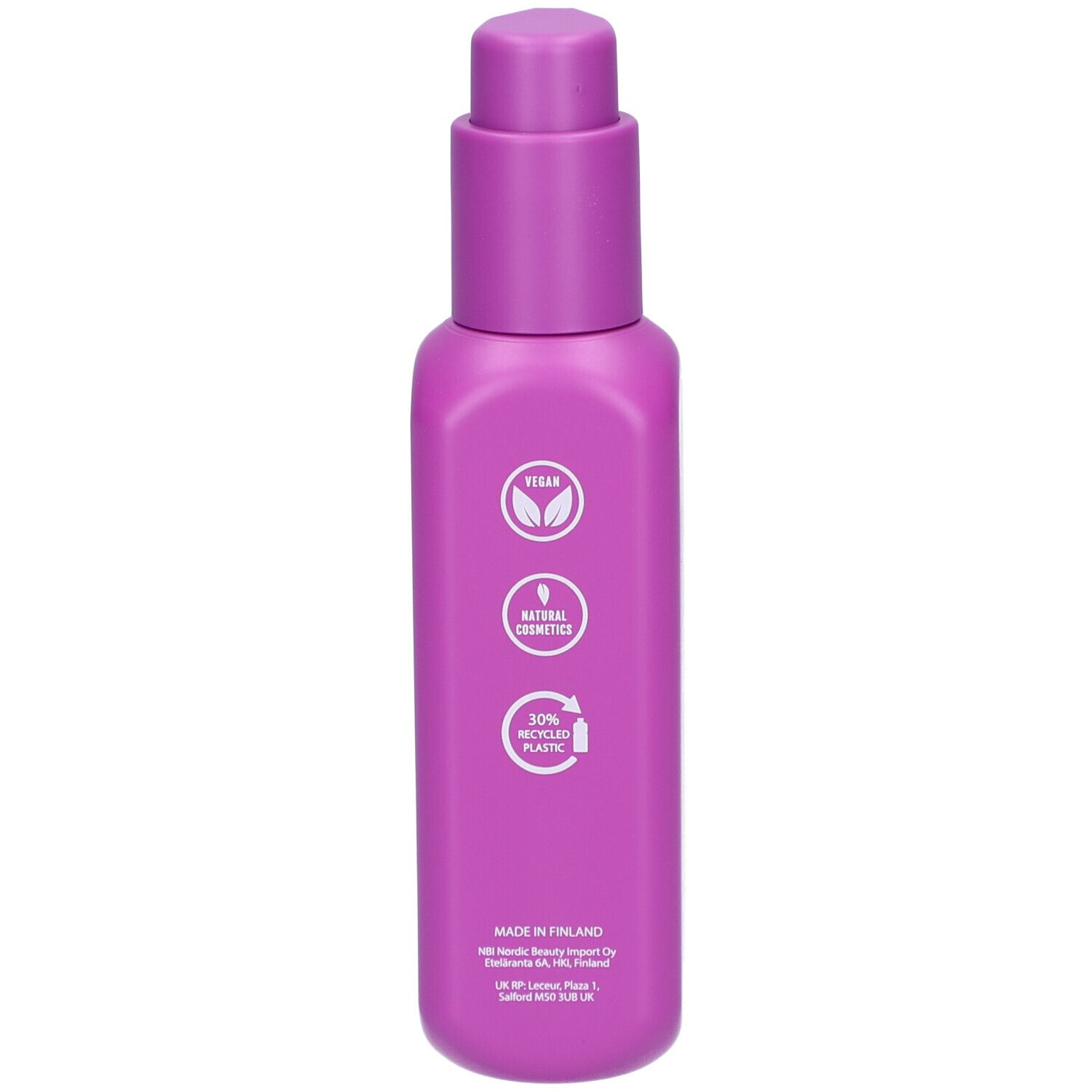 Arrière d'un flacon violet avec pompe, montrant symboles Vegan, Cosmétiques Naturels, Plastique Recyclé.