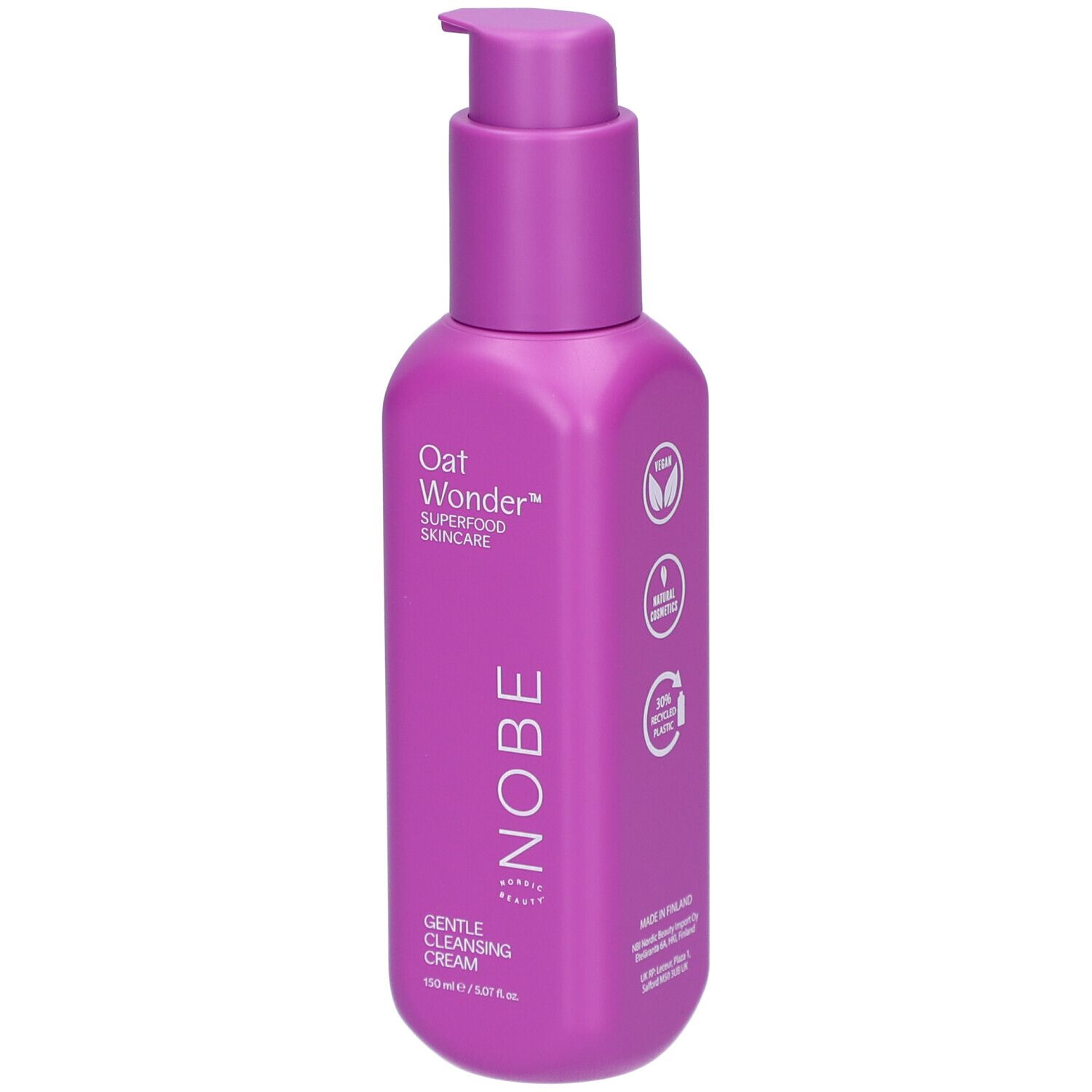 Flacon violet avec pompe, montrant informations produit et symboles durabilité.