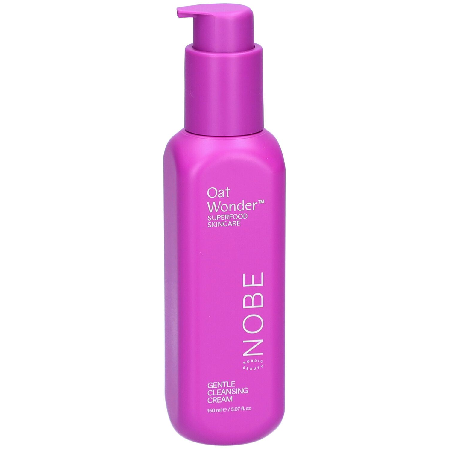 Flacon violet avec pompe, inscription 'Oat Wonder', 'NOBE', 'Gentle Cleansing Cream'.