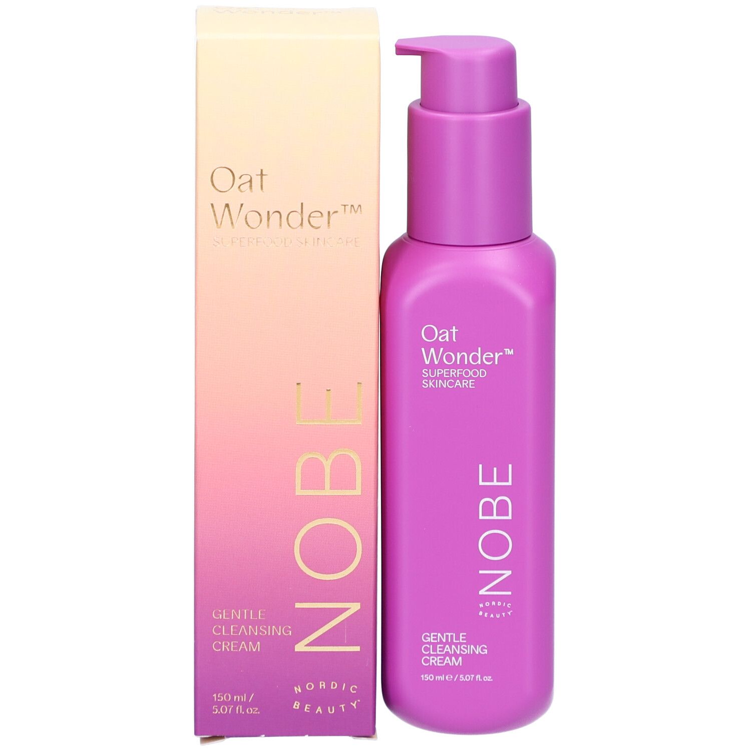 Flacon violet avec pompe et emballage extérieur. Flacon et boîte inscrits 'Oat Wonder', 'NOBE'.