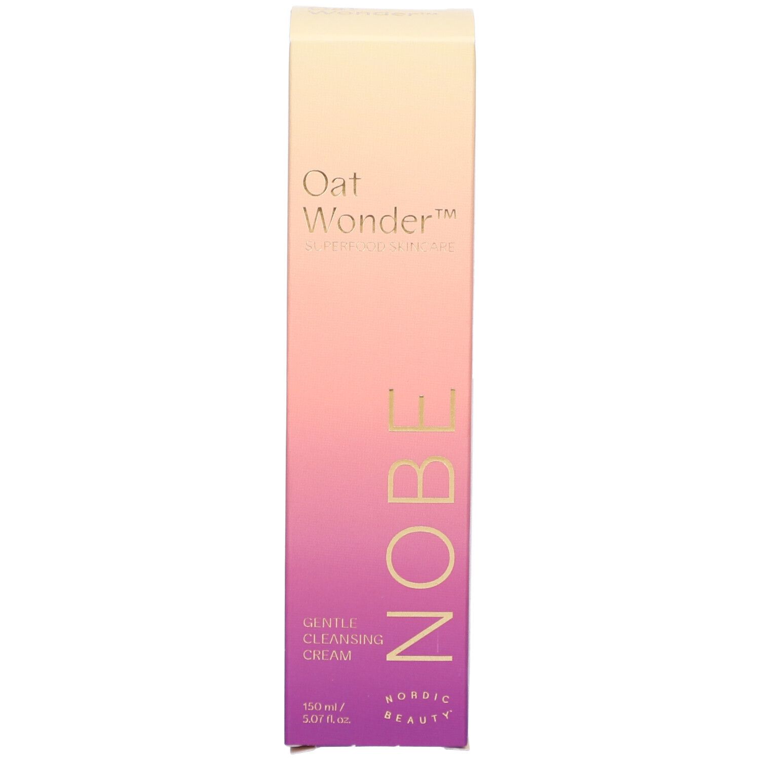 Emballage extérieur d'une crème nettoyante avec dégradé de couleurs et inscription 'Oat Wonder', 'NOBE'.
