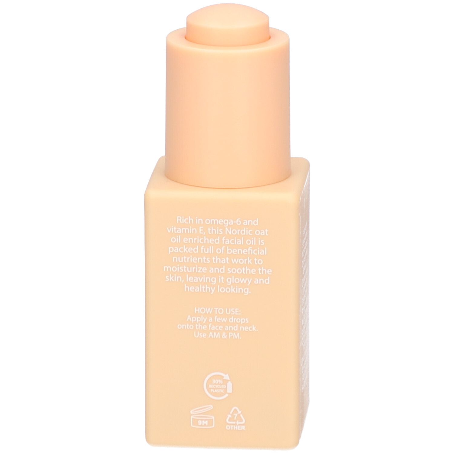 Arrière du flacon d'huile visage NOBE Oat Wonder avec instructions d'utilisation et ingrédients.