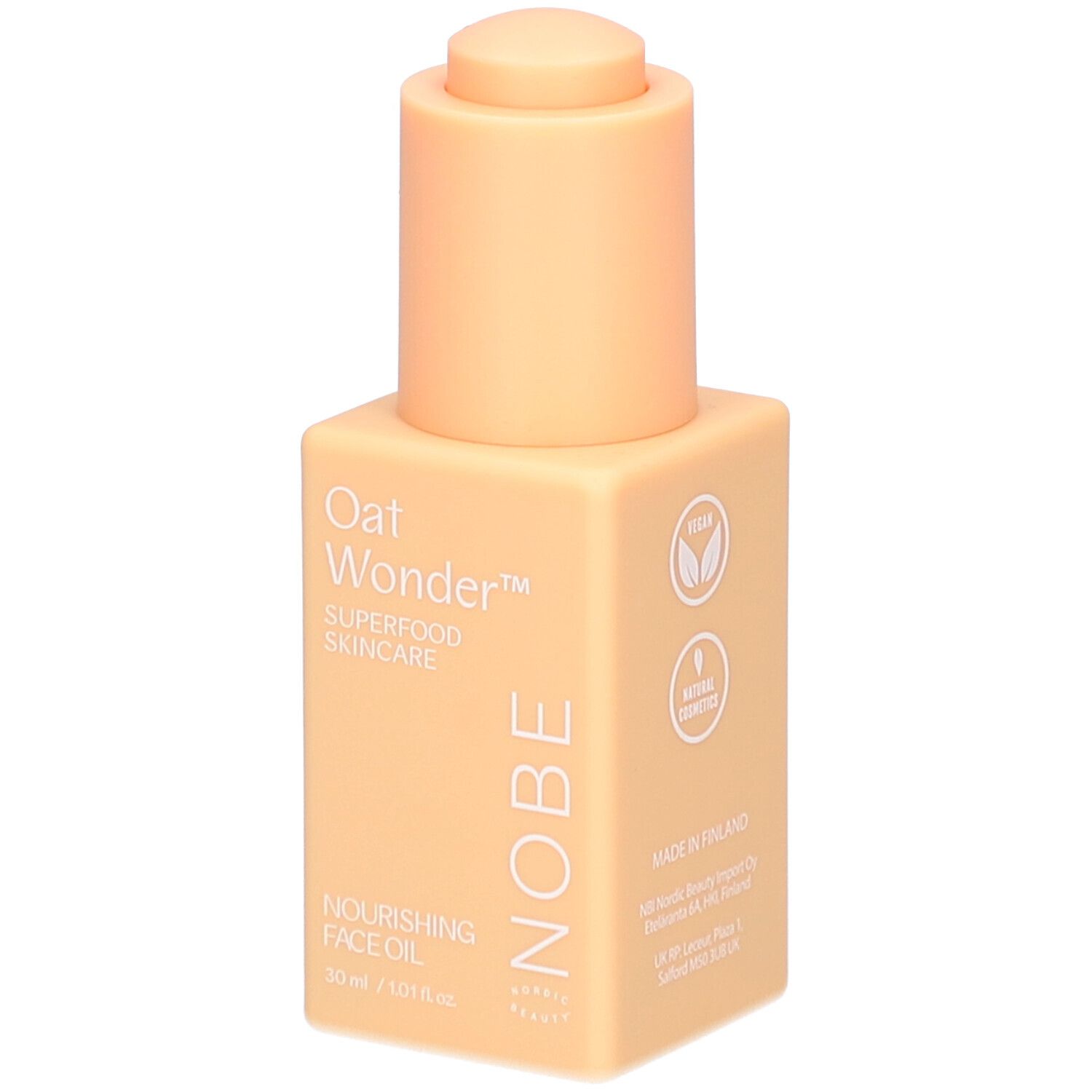 Flacon d'huile visage NOBE Oat Wonder avec sceaux Vegan et Cosmétiques Naturels. Texte : Made in Finland.