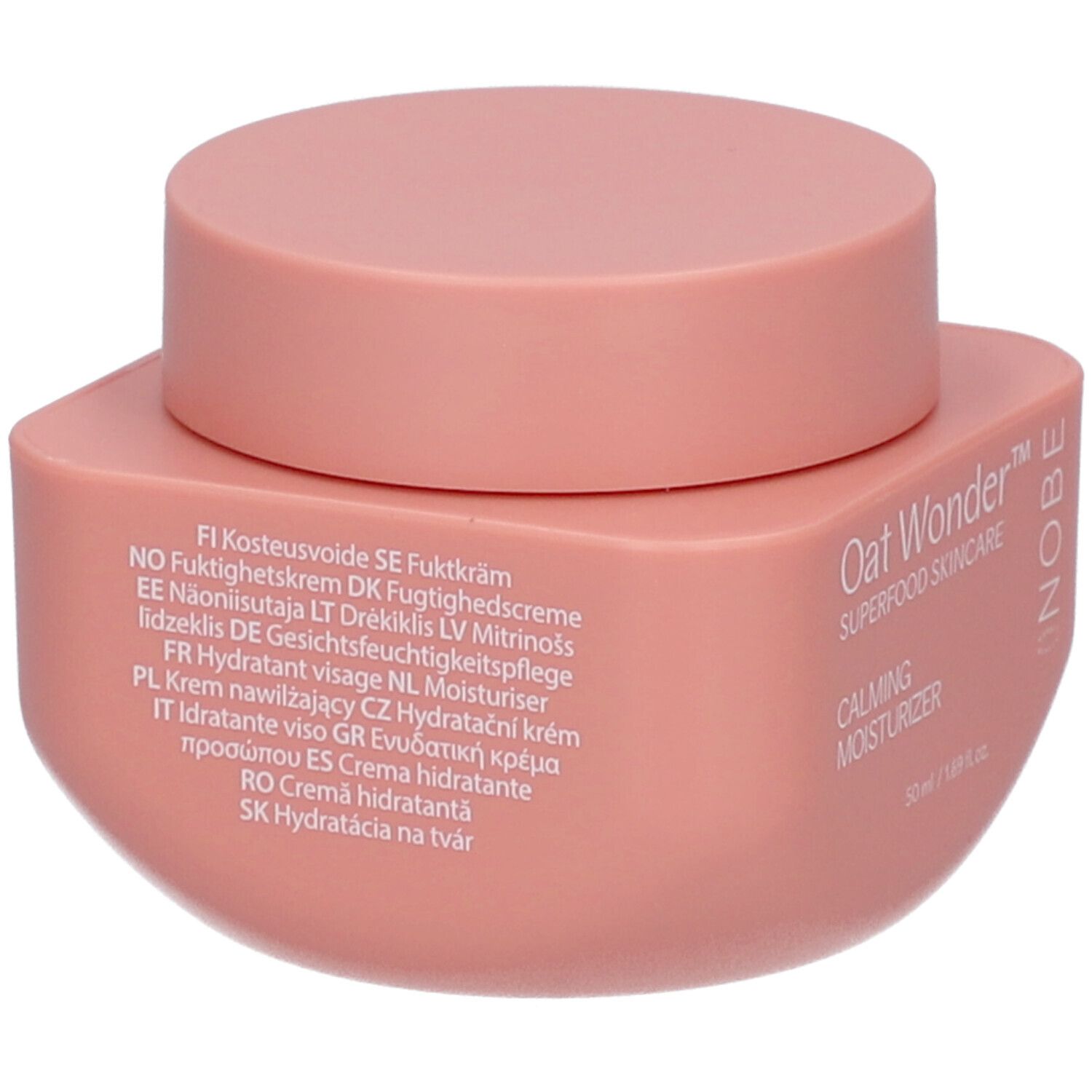 Achterkant van de NOBE Oat Wonder moisturizer pot met meertalige productinformatie en "Made in Finland" vermelding.
