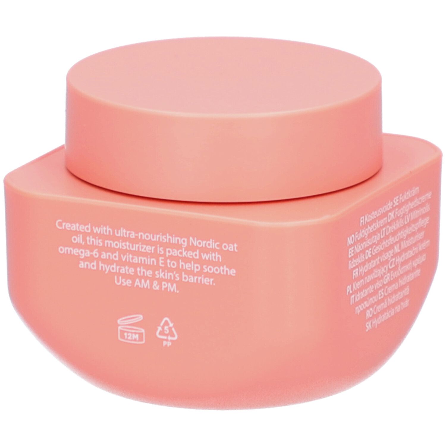 Achterkant van de NOBE Oat Wonder moisturizer pot met productiedetails en gebruiksinstructies (12M).