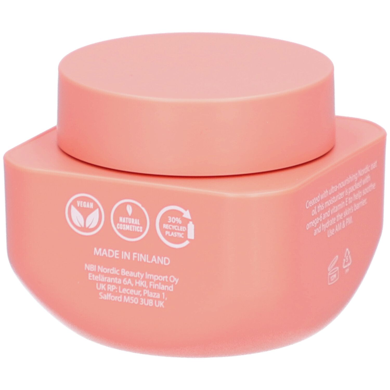 Achterkant van de NOBE Oat Wonder moisturizer pot met keurmerken: Vegan, Natuurlijke Cosmetica, 50% Gerecycled Plastic. "Made in Finland".