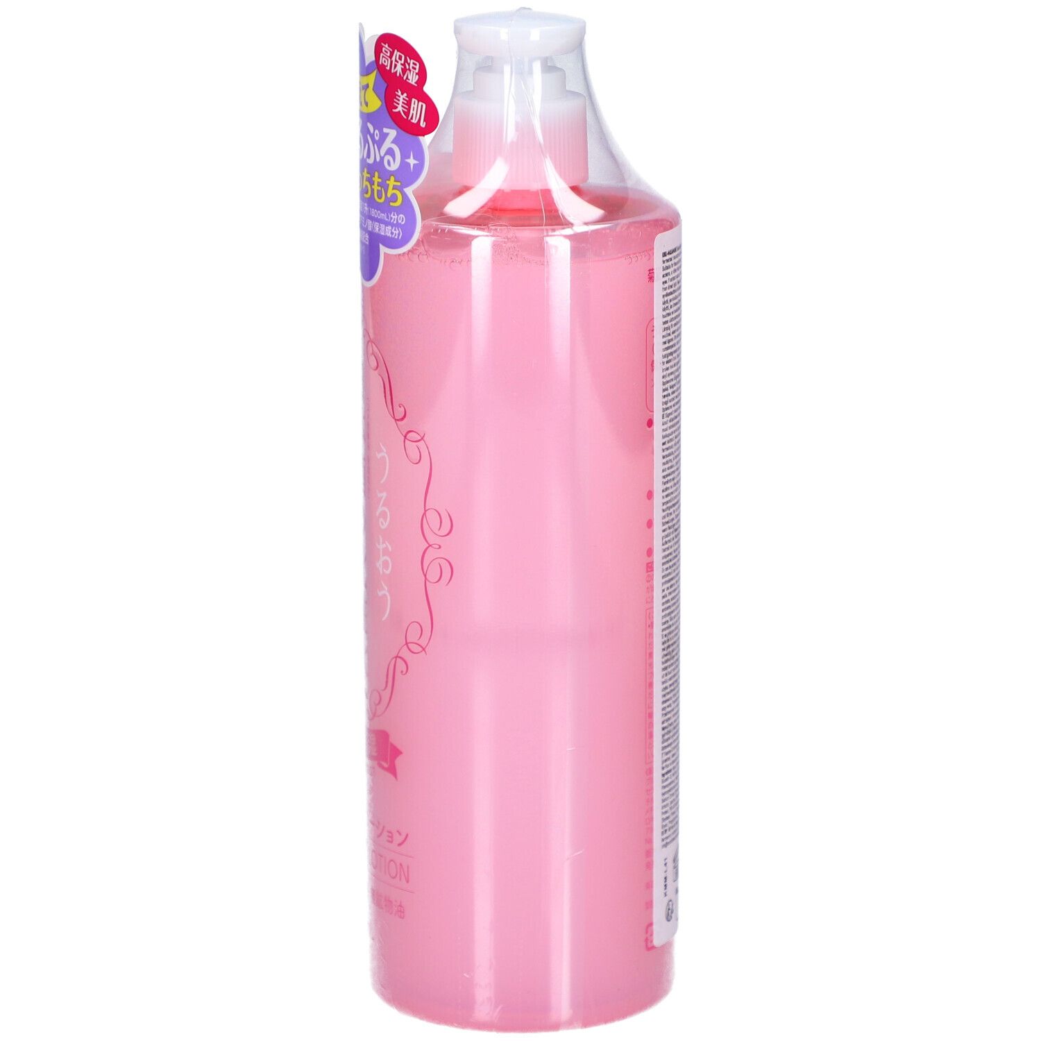 Zijaanzicht van een roze fles met pompdos, Kiku-Masamune High Moist Skin Care Lotion.