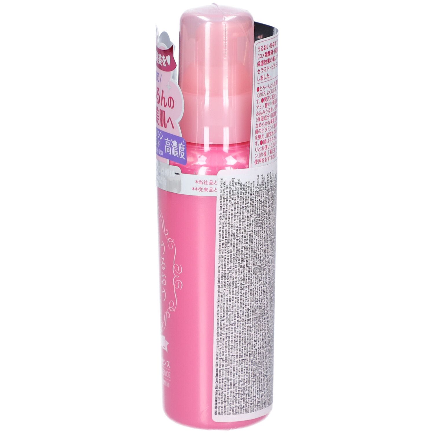 Vue latérale du flacon rose d'essence de soin de la peau Kiku-Masamune® Sake. Montre des caractères japonais et des caractéristiques du produit.