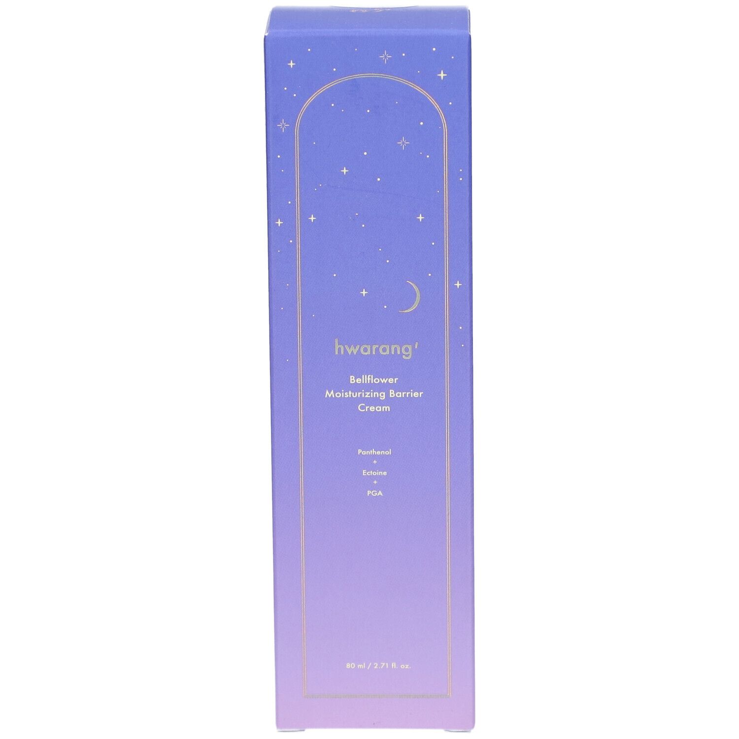 Emballage du produit avec détails. Dégradé violet et bleu. Étoiles et lune. Texte : Hwarang Bellflower Moisturizing Barrier Cream.
