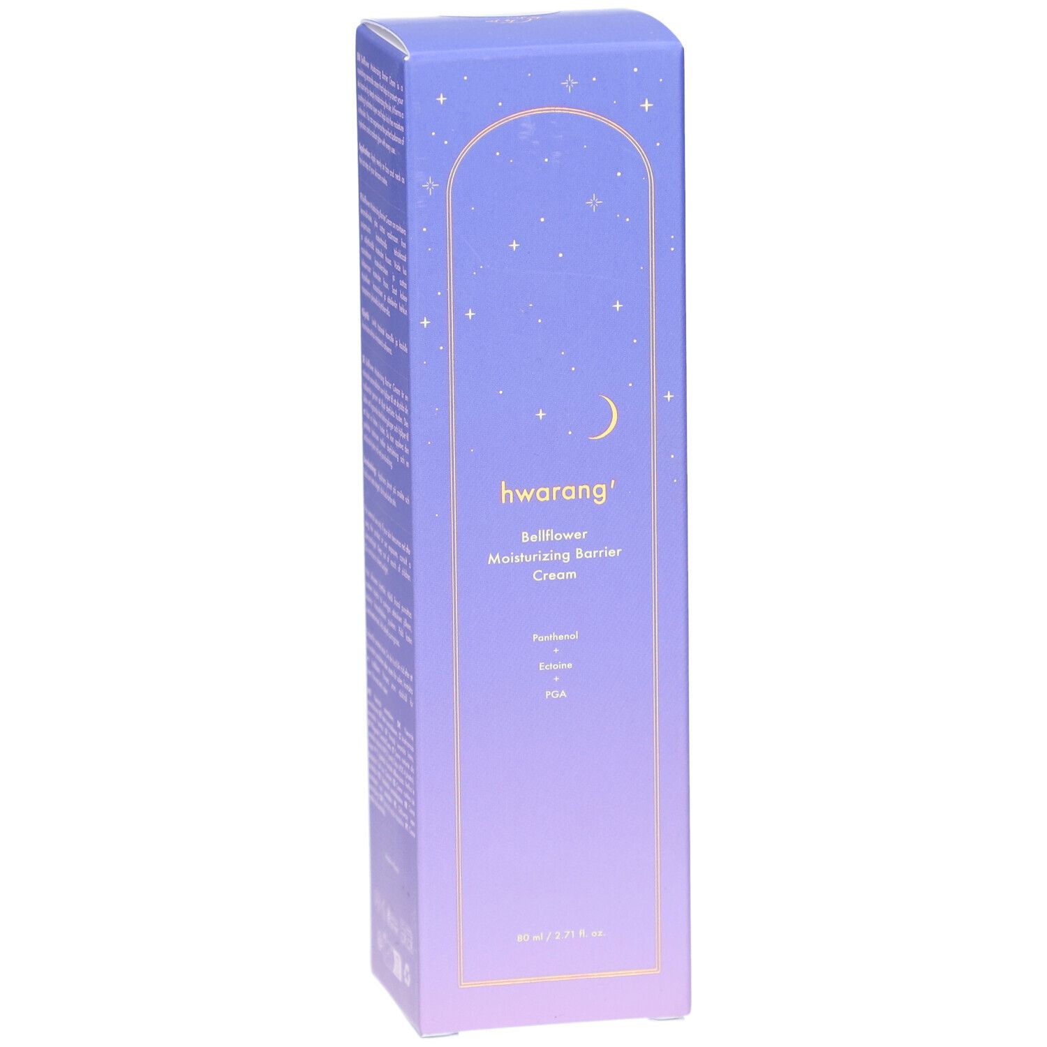 Emballage du produit avec détails. Dégradé violet et bleu. Étoiles et lune. Texte : Hwarang Bellflower Moisturizing Barrier Cream.