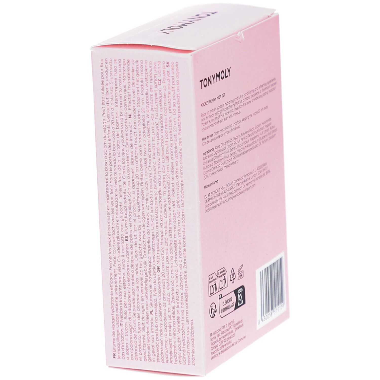 Vue latérale de l'emballage rose. Texte en petits caractères avec informations sur le produit. Texte : TONYMOLY, POCKET BUNNY.