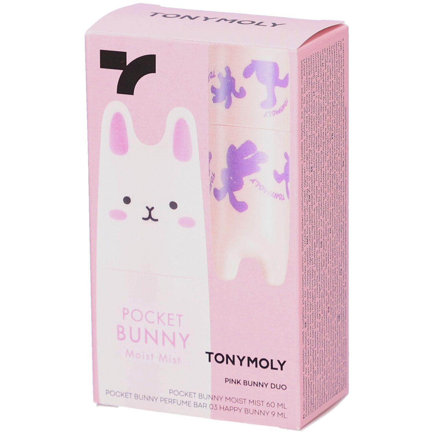 Roze verpakking met TONYMOLY Pocket Bunny Duo. Bevat gezichtsspray en parfumstick. Konijn-ontwerp.