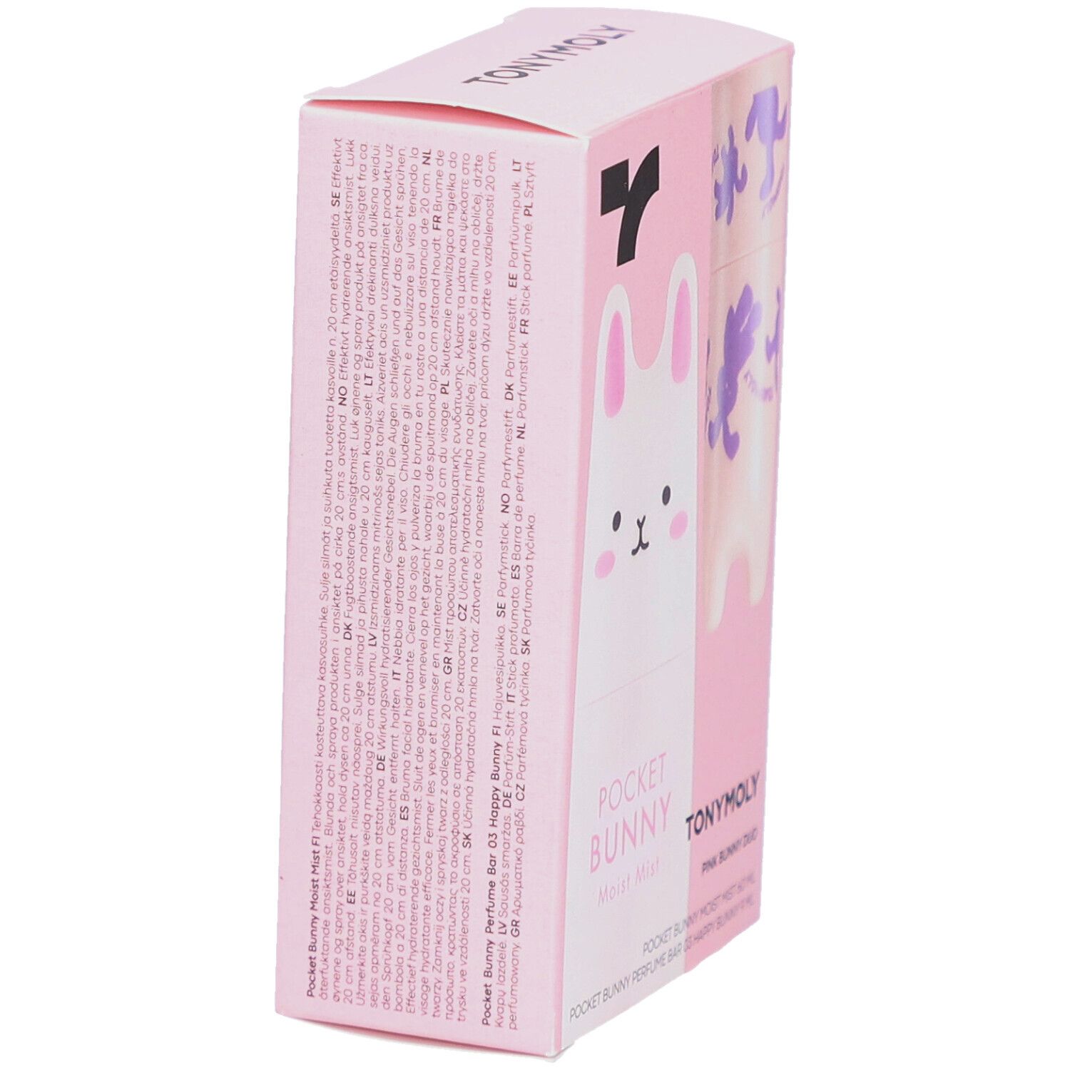 Roze verpakking, TONYMOLY Pocket Bunny Duo. Tekst op verpakking. Konijn-ontwerp. Gezichtsspray en parfumstick.