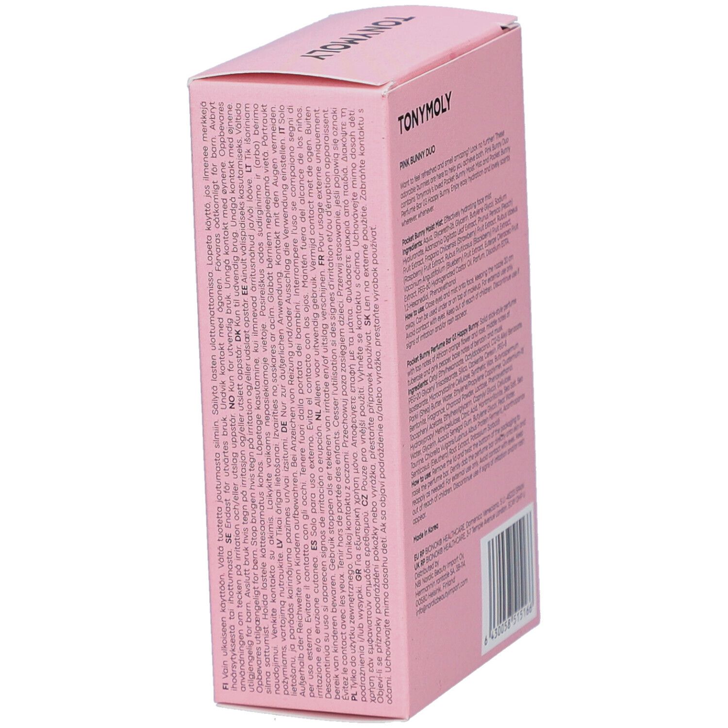 Roze verpakking, TONYMOLY. Tekst op verpakking. Pocket Bunny Duo. Gezichtsspray en parfumstick.