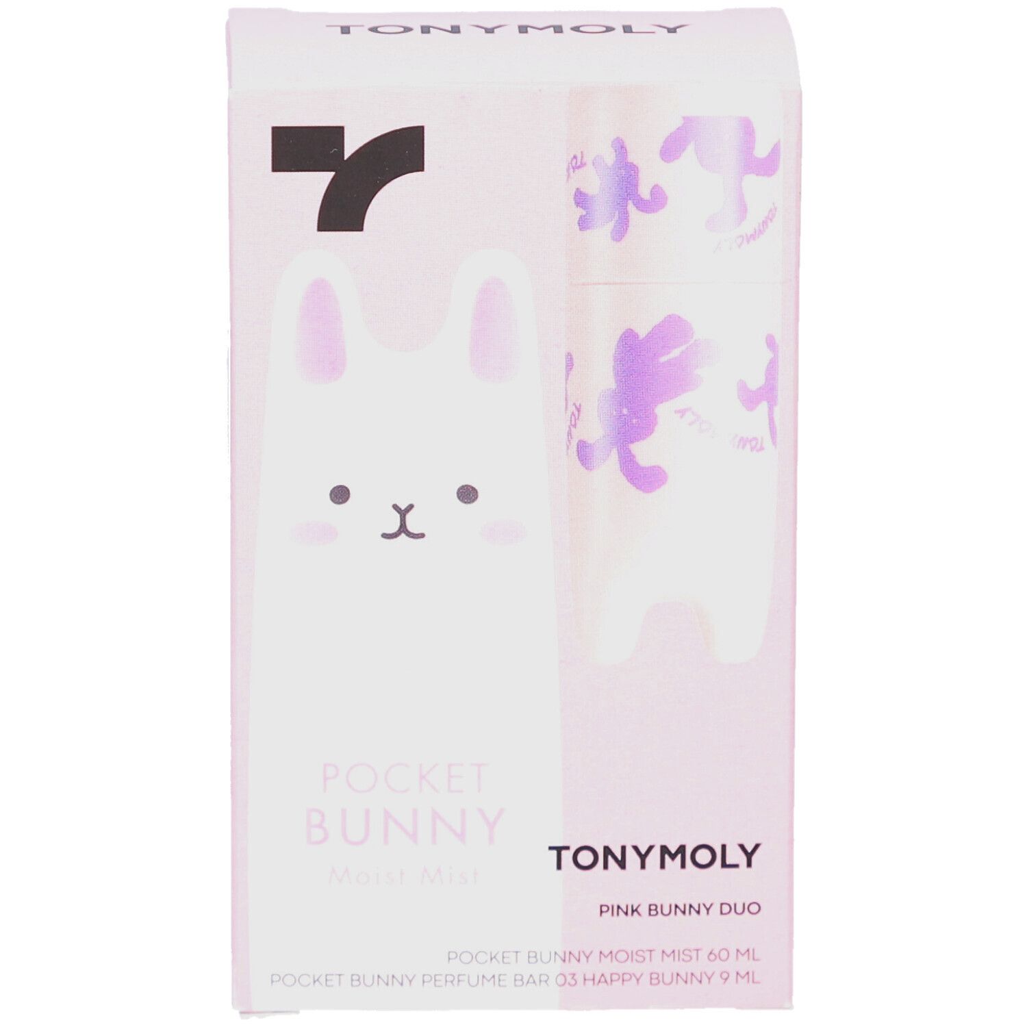 Roze verpakking, TONYMOLY Pocket Bunny Duo. Gezichtsspray en parfumstick. Konijn-ontwerp. Productnamen.