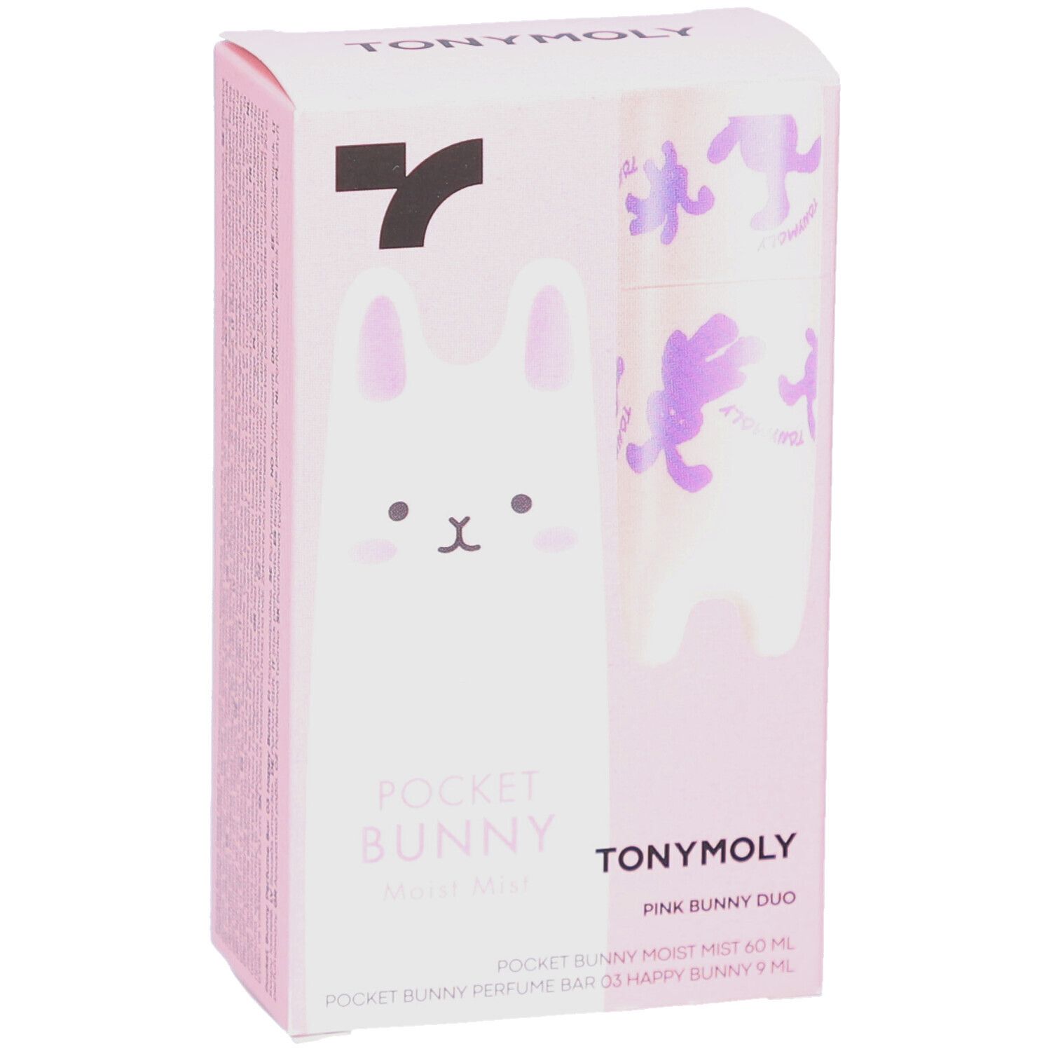 Roze verpakking, TONYMOLY Pocket Bunny Duo. Gezichtsspray en parfumstick. Konijn-ontwerp. Productnamen.