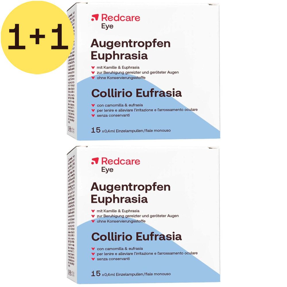 Twee dozen Redcare Eye Augentropfen Euphrasia. Witte dozen met rood logo en productinformatie.