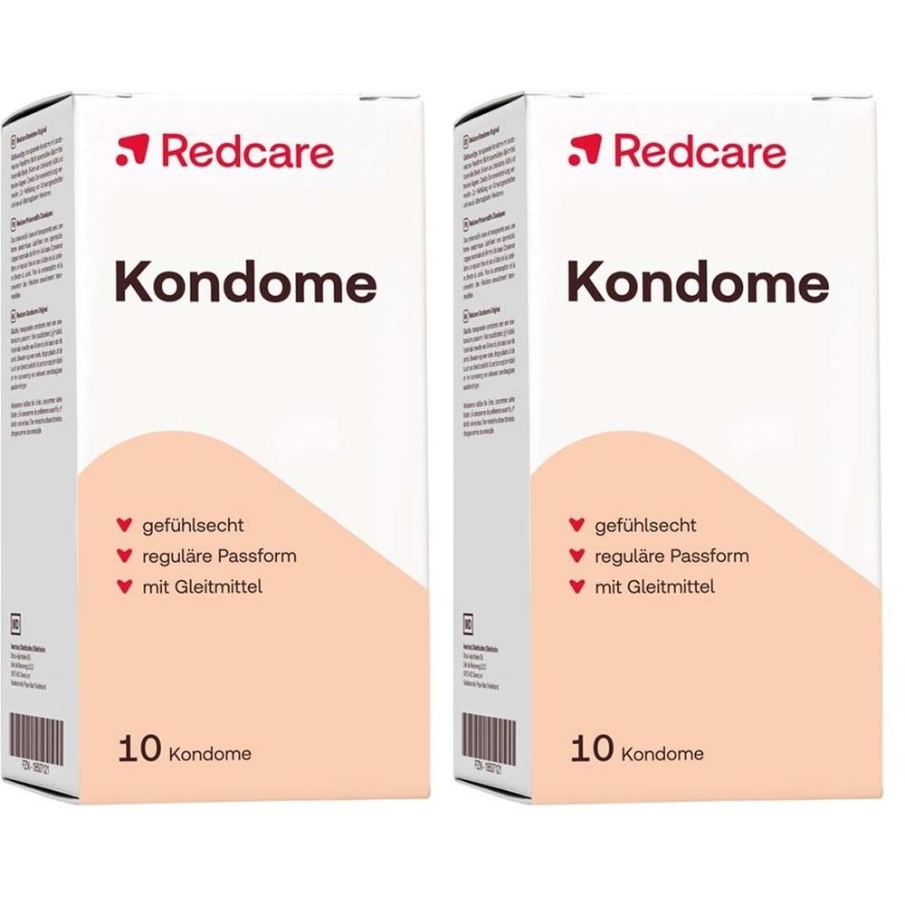 Deux boîtes de préservatifs. Inscription "Redcare Kondome". Chaque boîte contient 10 préservatifs. Caractéristiques: sensation naturelle, taille standard, avec lubrifiant.