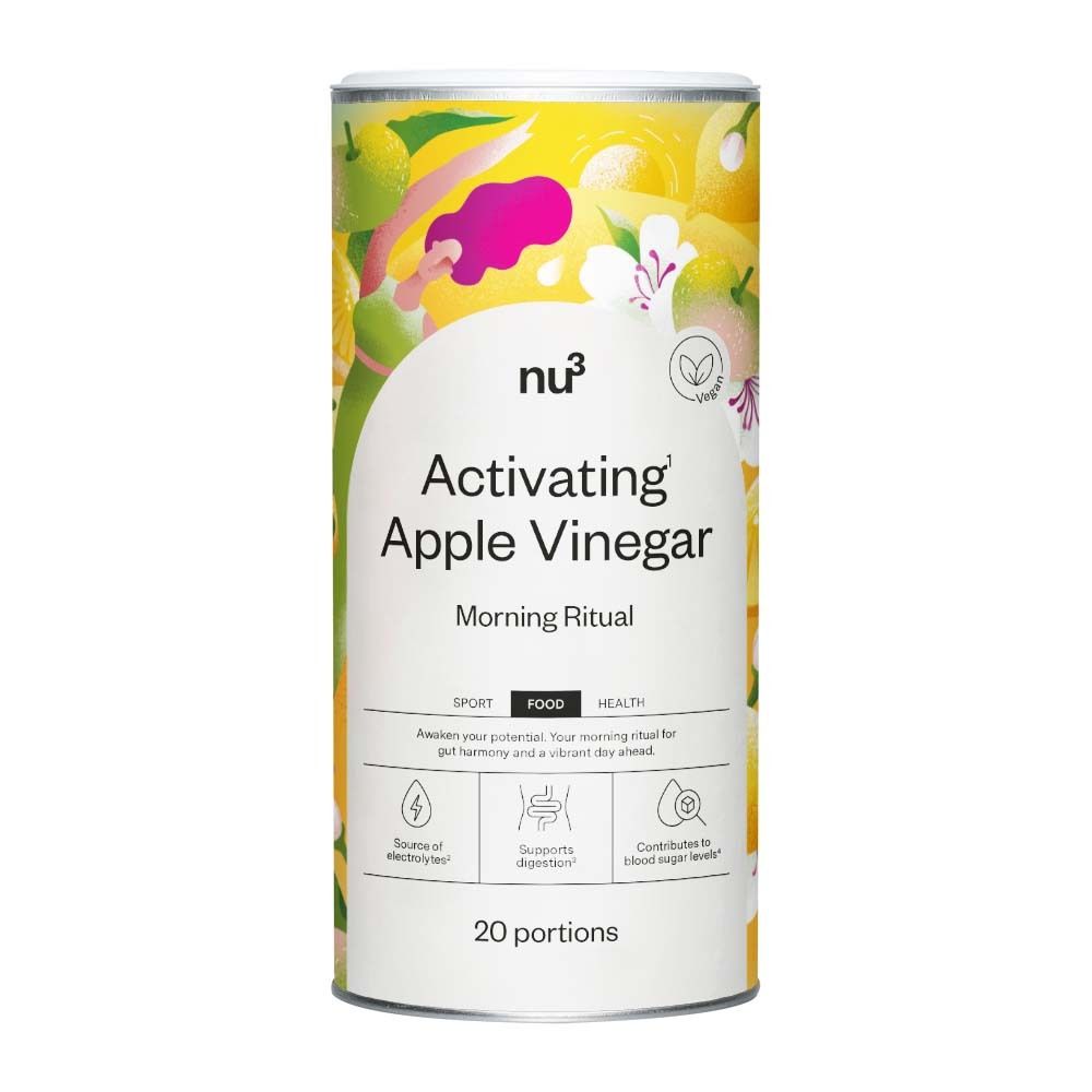 Cilindrische doos "nu3 Activating Apple Vinegar". Bedrukt met productnaam, logo en bloemmotief. 20 porties.