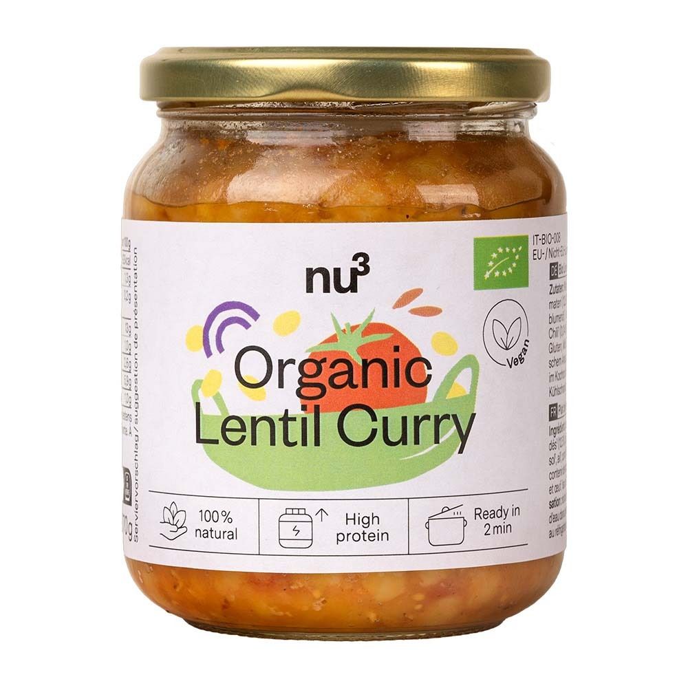 Pot nu3 Organic Linzen Curry. Etiket met productnaam, logo, biologisch keurmerk en andere informatie. 100% natuurlijk, hoog eiwitgehalte, klaar in 2 minuten.