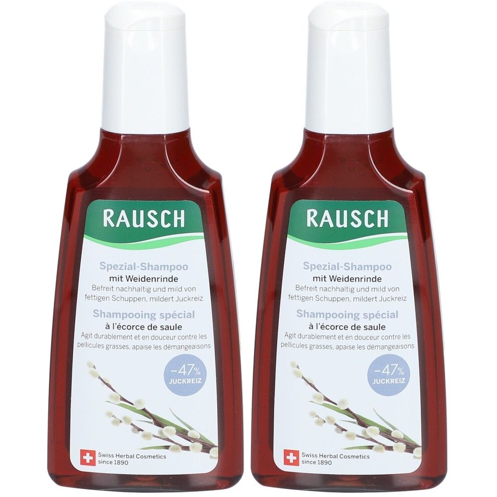 Twee flessen RAUSCH Speciale Shampoo met Wilgenbast. Rode flessen met witte dop en groene etiketten. Zwitserse kruiden cosmetica.