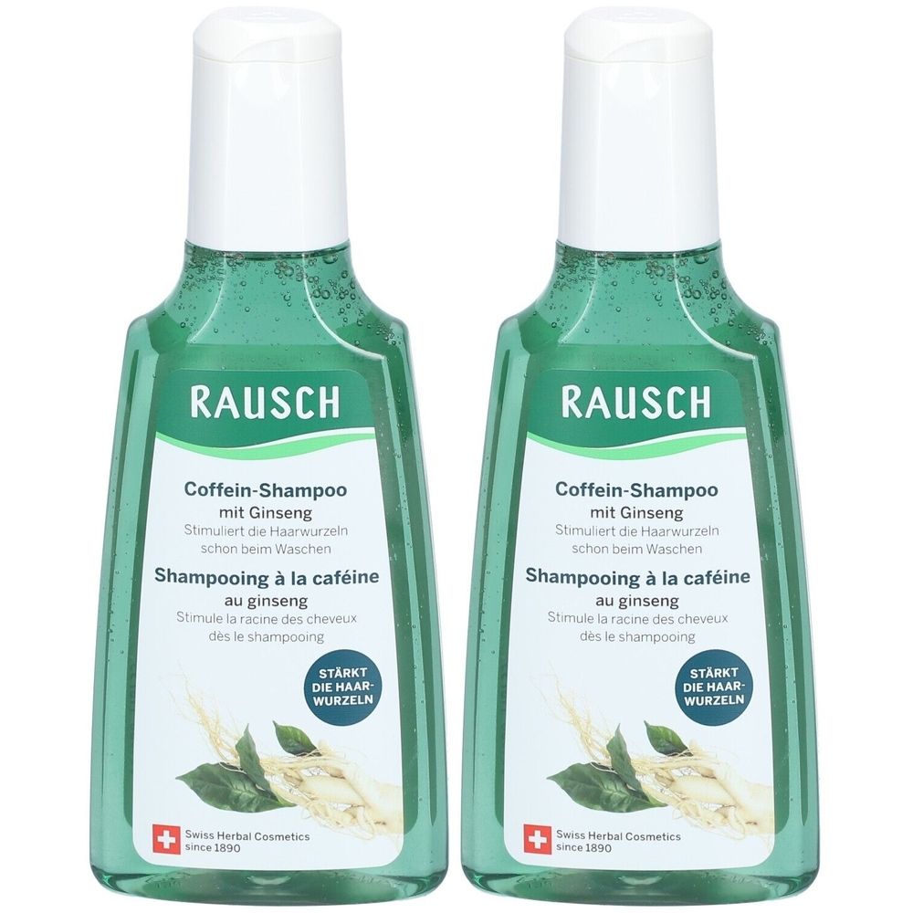 Twee flessen RAUSCH cafeïneshampoo met ginseng. Groenachtige vloeistof in flessen met witte dop. Tekst: Versterkt de haarwortels.