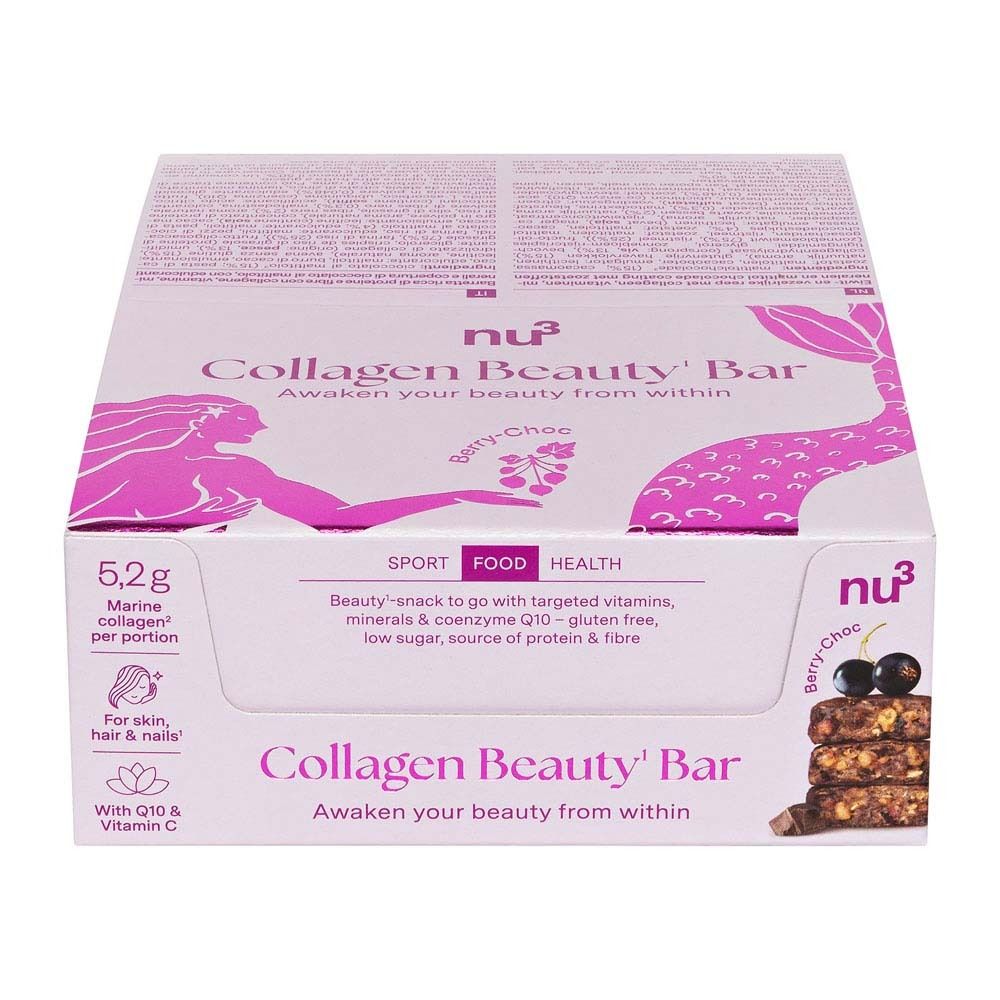 Verpakking van nu3 Collagen Beauty Bar Berry-Choc. Bevat informatie over ingrediënten en voedingswaarde. Roze en wit.