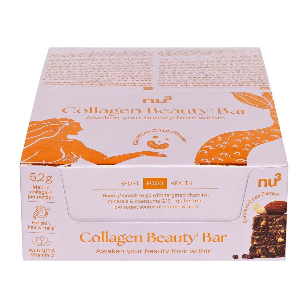 Verpakking van nu3 Collagen Beauty Bar. Roze, met productnaam, logo en afbeelding van een reep met noten.
