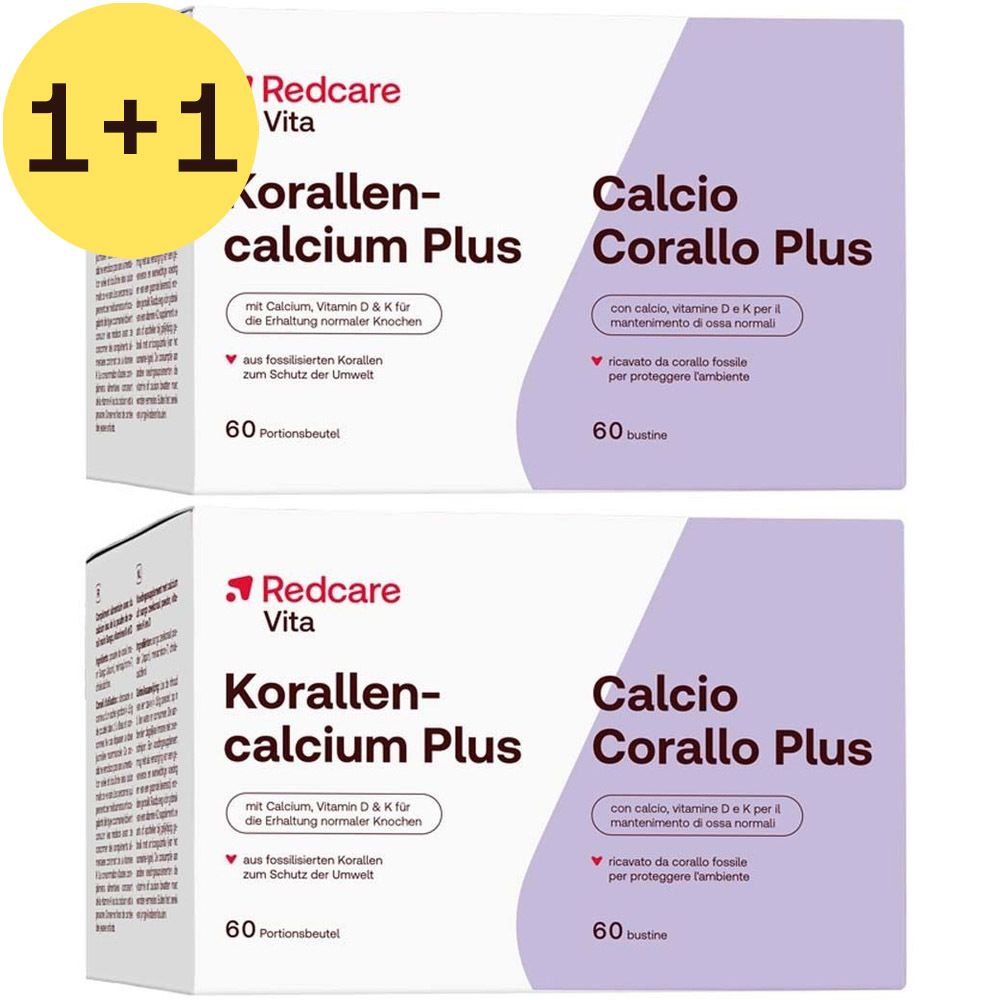 Deux boîtes de Redcare Korallencalcium Plus avec promotion 1+1. Inscription : Calcium, vitamine D & K pour le maintien des os normaux. 60 sachets.