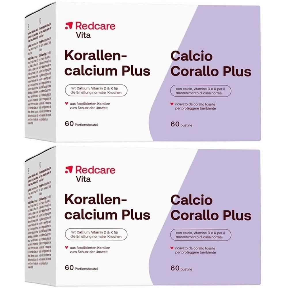 Twee dozen Redcare Korallencalcium Plus met 1+1 actie. Opschrift: Calcium, vitamine D & K voor normale botten. 60 zakjes.